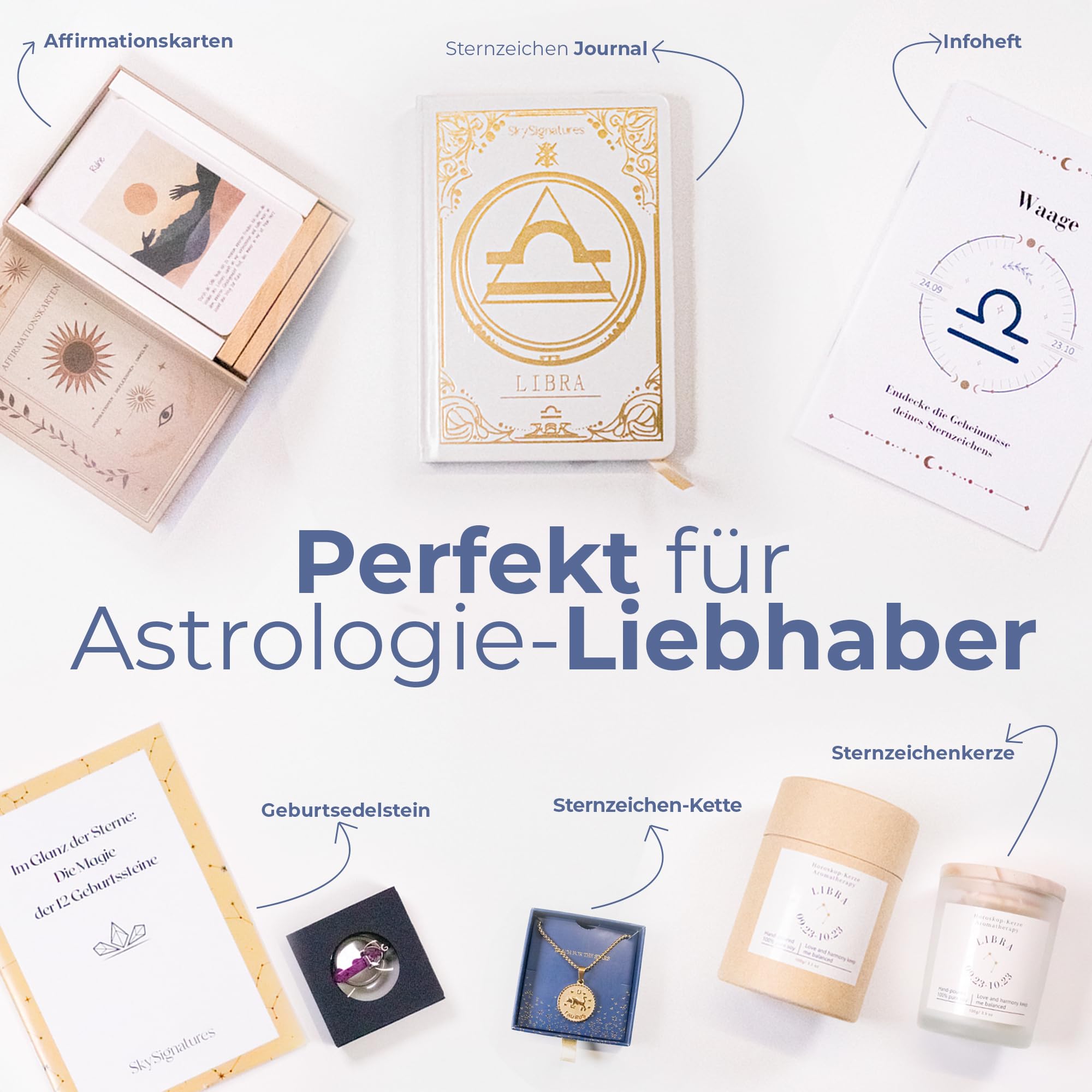 Krebs Sternzeichen Geschenkset– Luxuriöse Astrologie-Box mit Duftkerze, Journal, Geburtsstein-Anhänger, Affirmationskarten Sternzeichen-Kette Mediation, Selbsterkenntnis, für Frauen