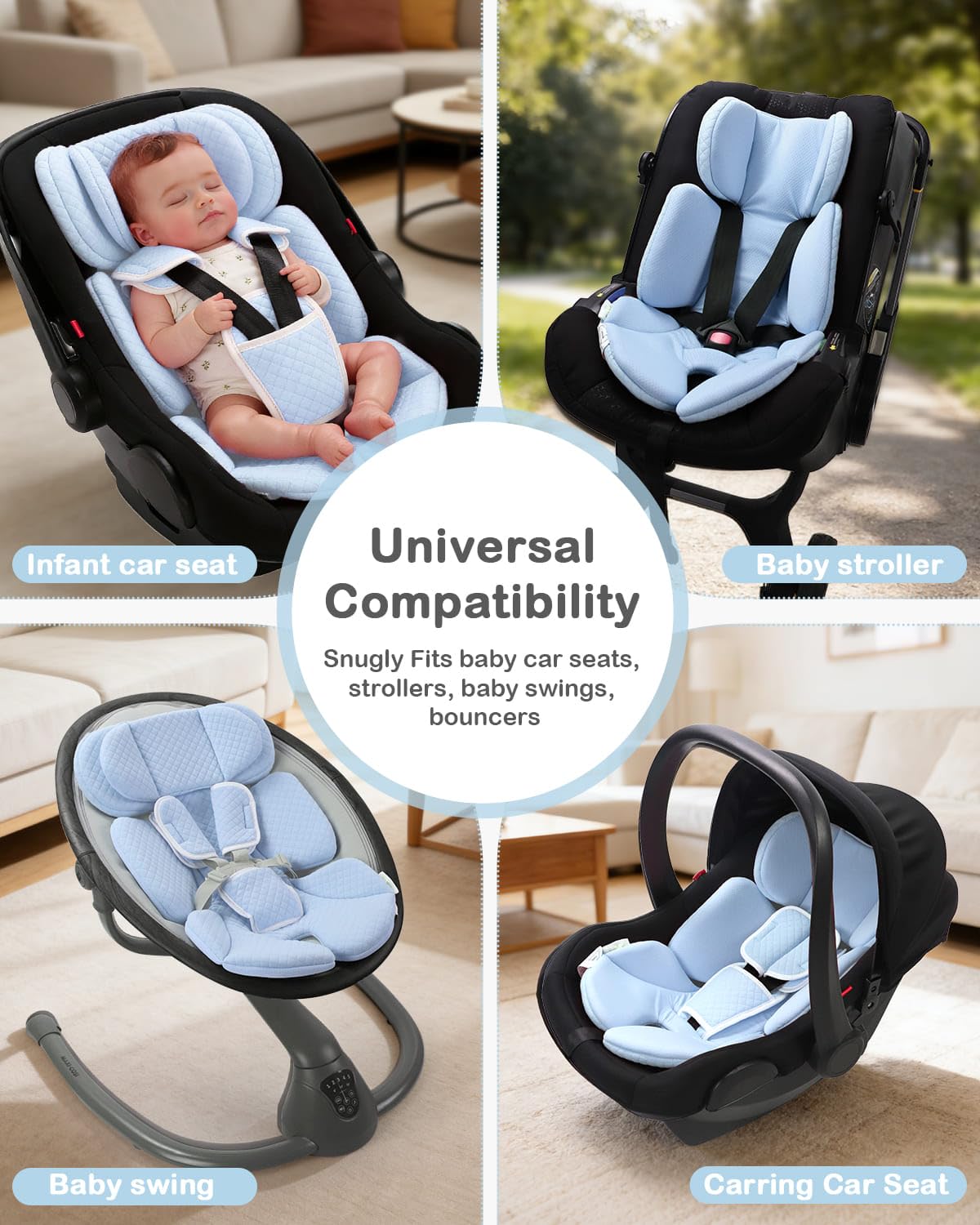 Infant Car Seat Insert Adjustable Head Support for Preemie Newborn Toddler, Reversible Baby Head Body Support Cushion for Carseats and Strollers Side Impact Protection - Light Blue