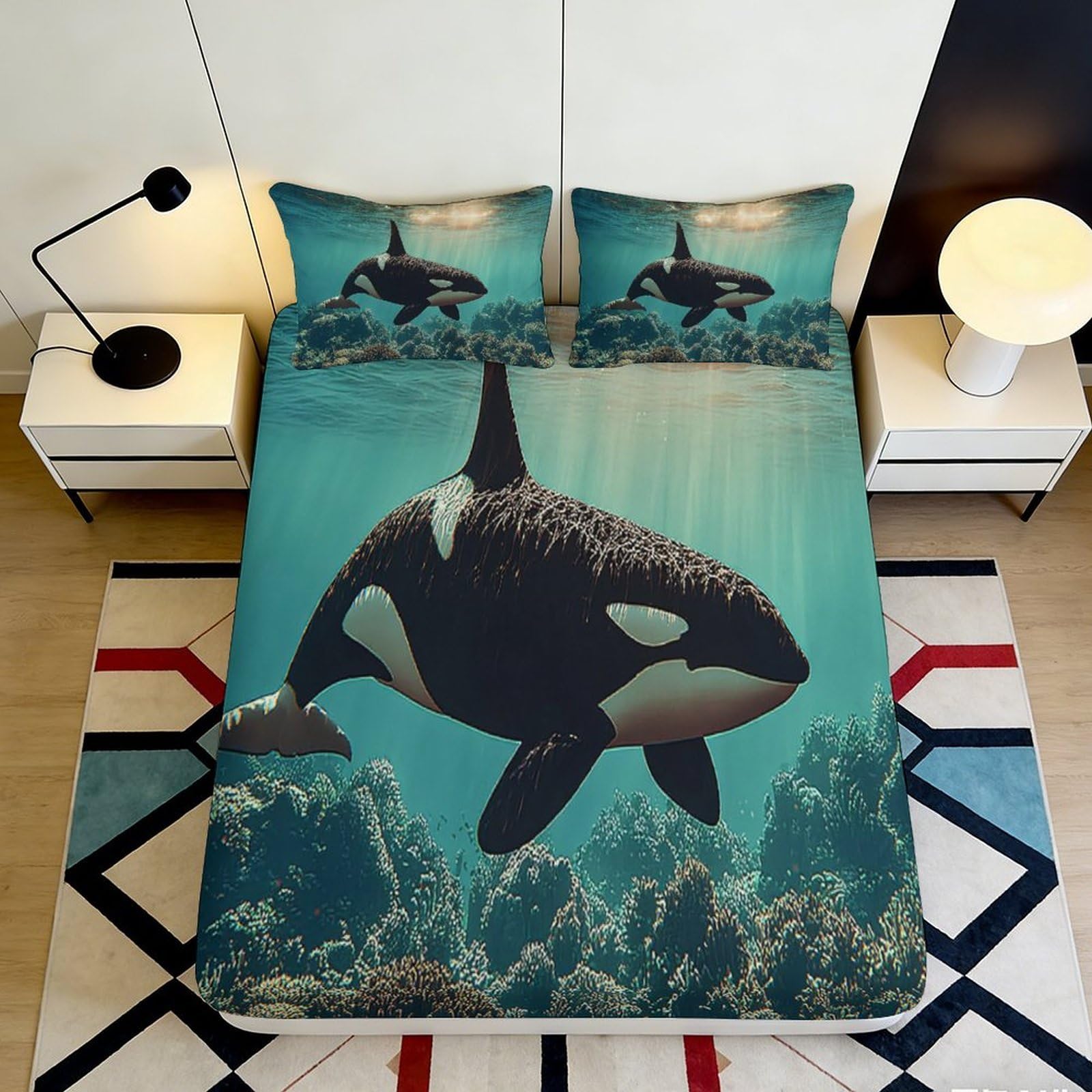 3D Printed Ocean Orca Fitted Sheet Microfiber Soft Breathable Underwater Reef Mattress Cover for Bedroom Decor 120x200x25cm
