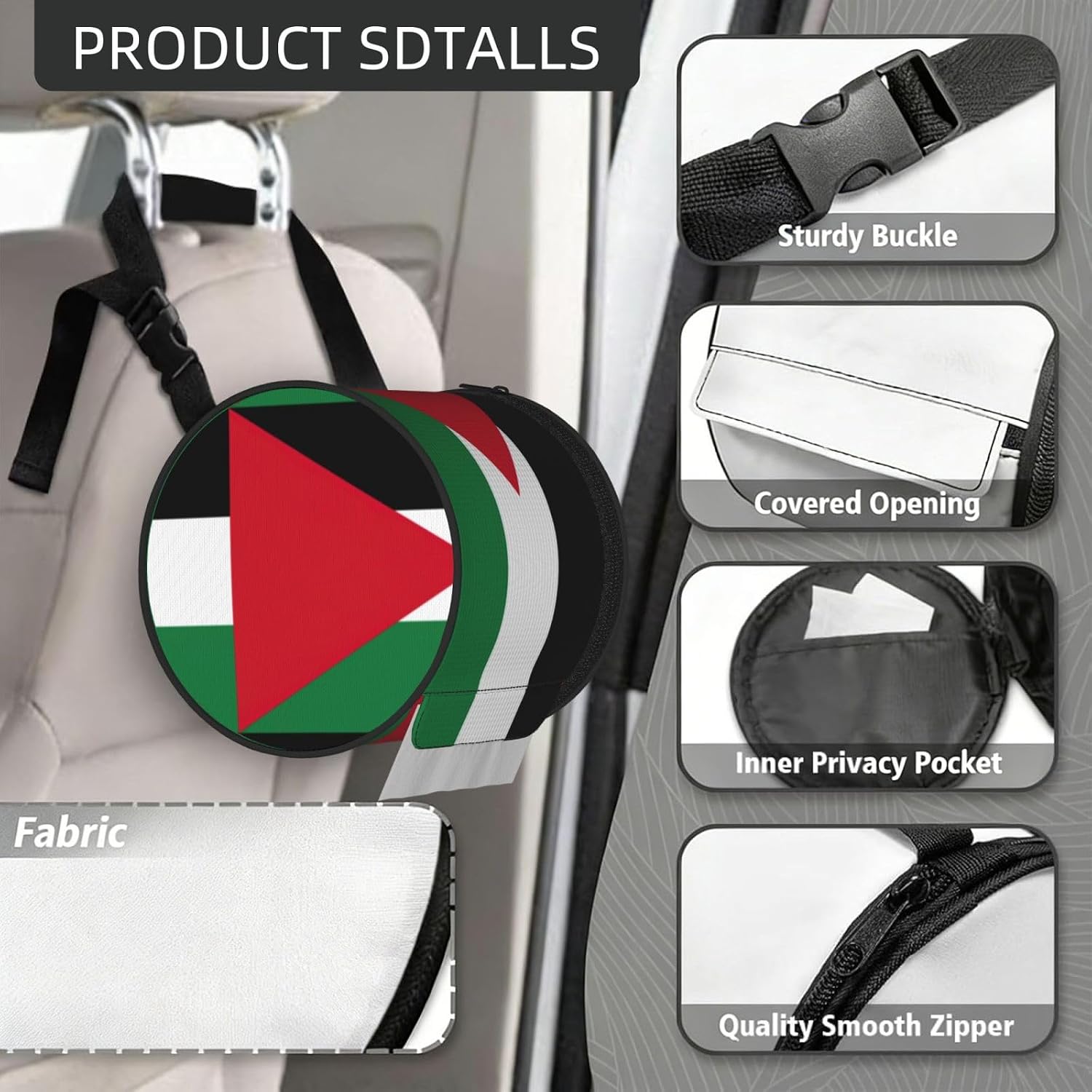 Palestinian Flag Print Round Tissue Box Cover Car Tissue Holder Foldable Napkin Holder for Home Office and Bathroom image 5