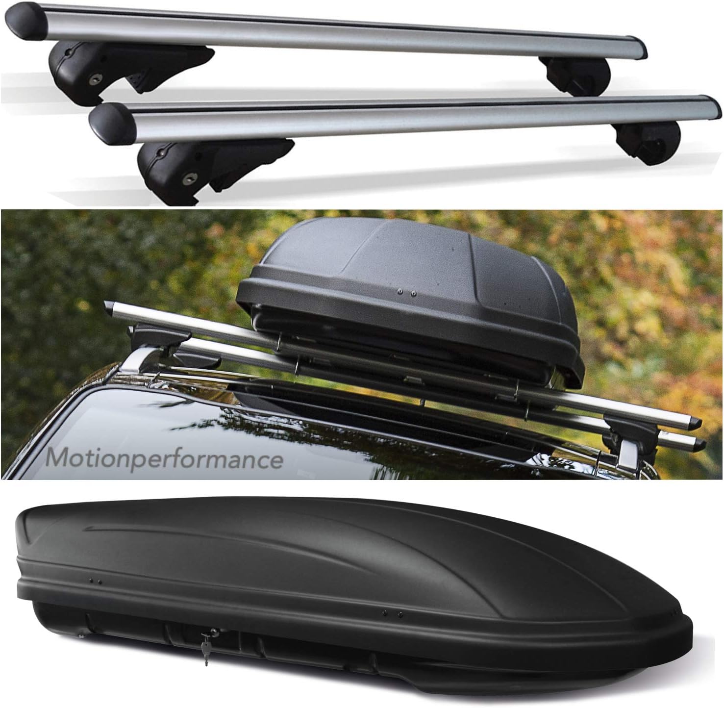 M-Way Lockable Aluminium Roof Rack Rail Bars & 460L Storage Box to fit Ford Everest (All Years) + Free MP Air Freshener