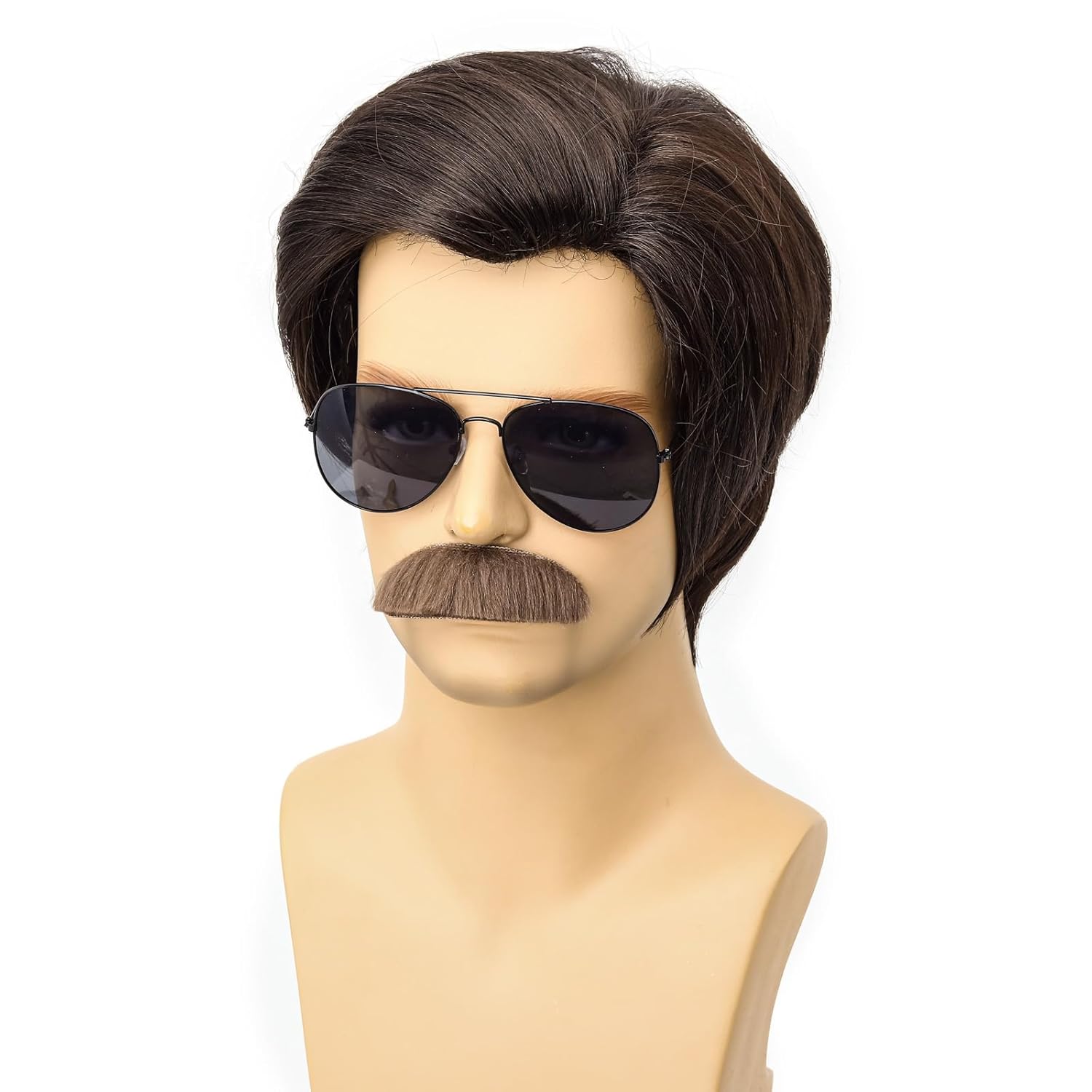 Men Short Brown Wig with Sunglasses and Mustache for 70s 80s Costume Cosplay Halloween Party Wig - Image 3