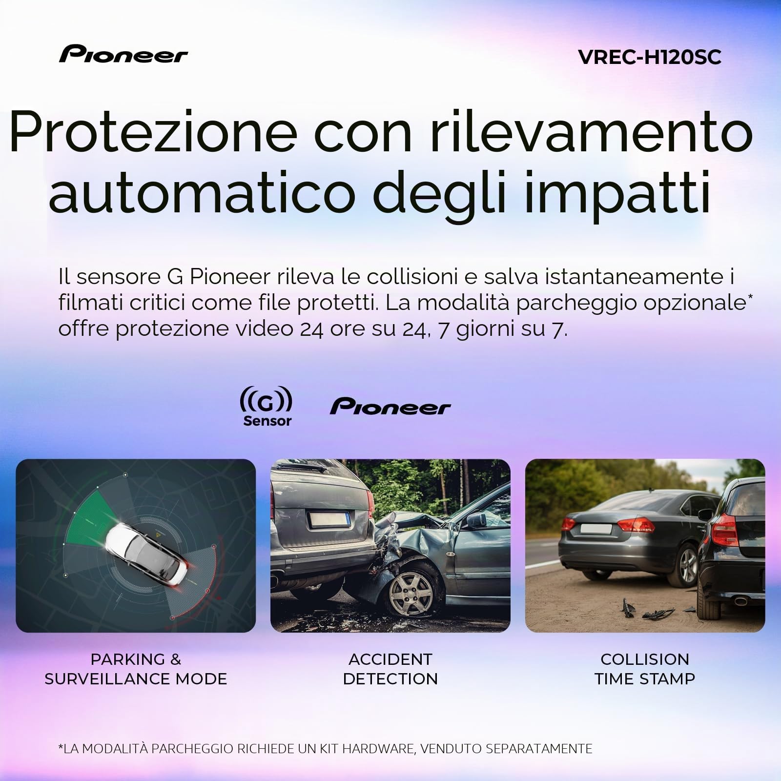 Pioneer VREC-H120SC - Telecamera da cruscotto compatta, discreta risoluzione 1,5 K per auto con rilevamento degli impatti, copertura grandangolare a 120 gradi, WiFi integrato, app Companion, USB-C