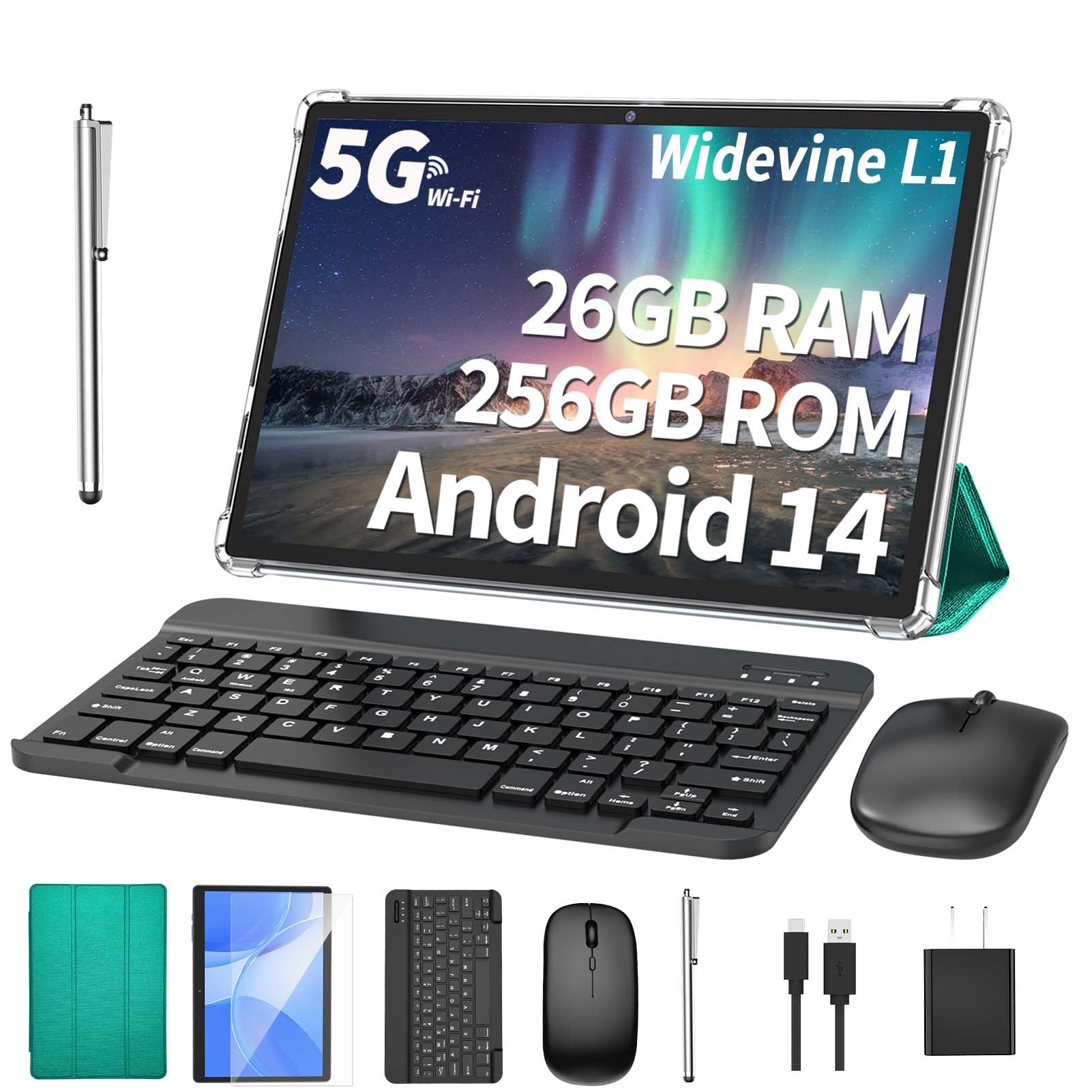 Tableta Android con teclado, 26 GB de RAM, 256 GB de ROM (1 TB de expansión), Tableta Android 14 de 10,1 pulgadas, batería de 8000 mAh, BT 5.0, certificación GMS, WiFi 2.4G y 5G, tabletas 2 en 1 con mouse, estuche, lápiz óptico (verde)