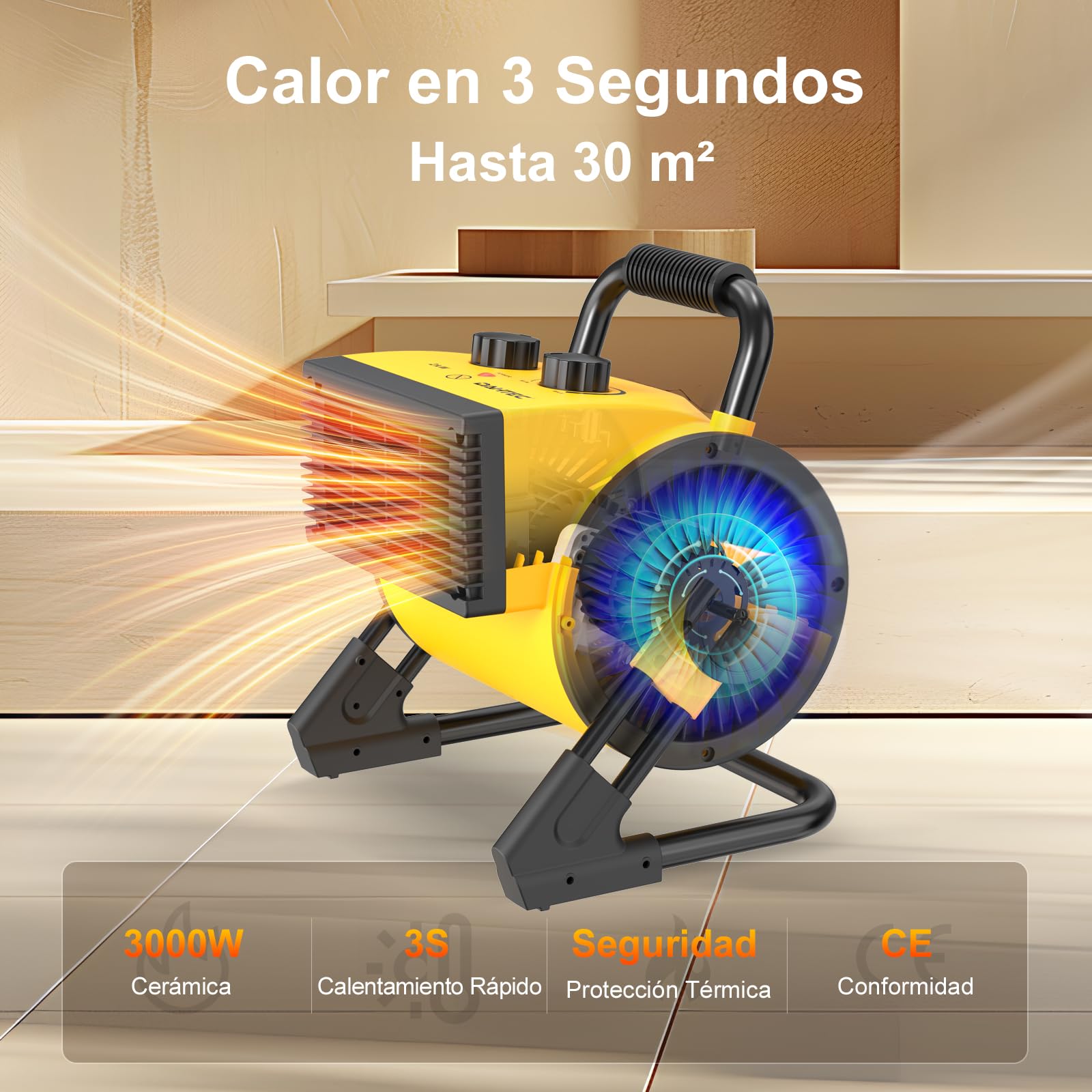 Calefactor Eléctrico Cerámico 3000 W, Termostato, Portátil, Negro