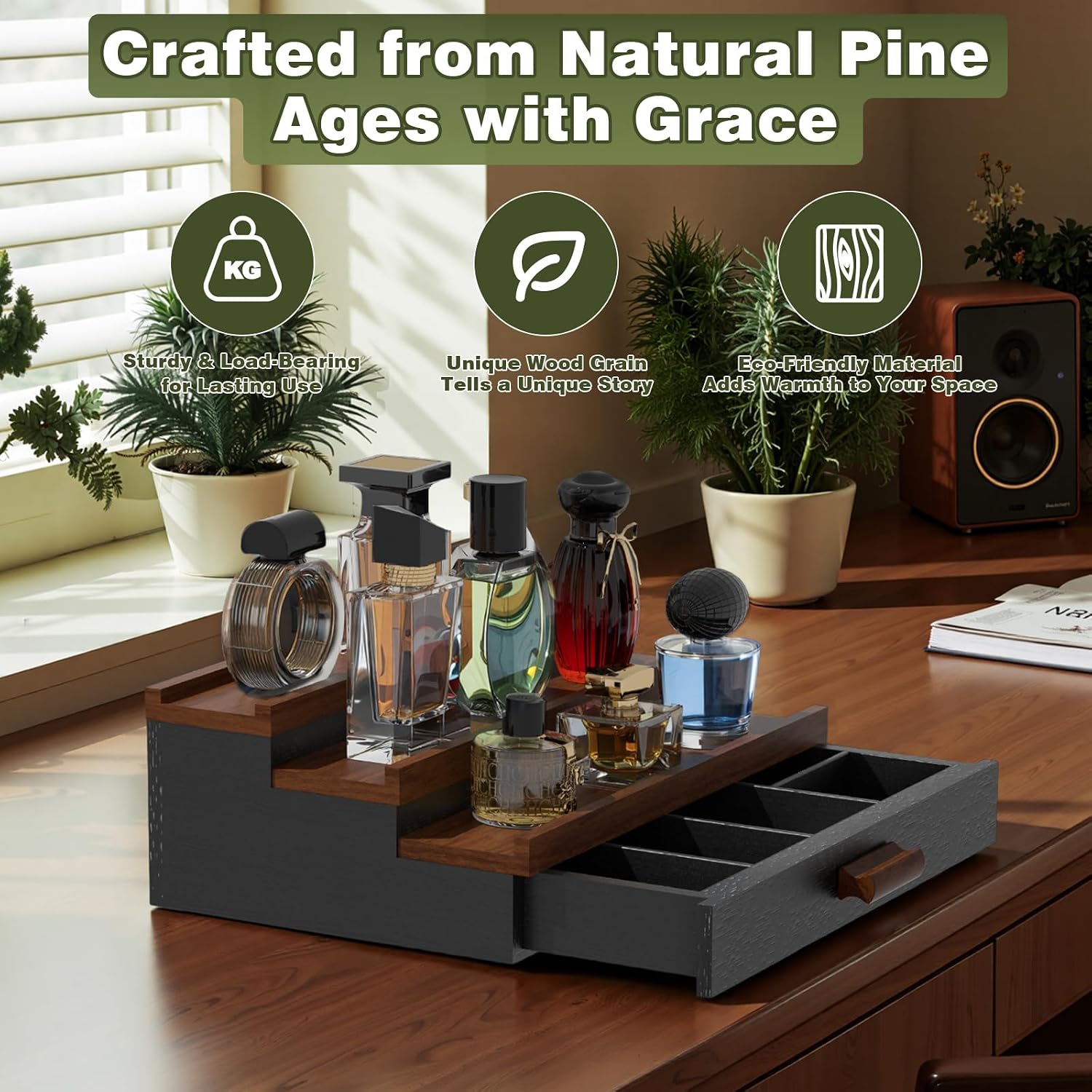 Perfume Cologne Organizer for Men: 3 Tier Wooden Perfumes Stand, Desktop Parfum Holder Wood Display Shelf with Cabinet, Bedroom Dresser Makeup Lotion Jewelry Storage Rack with Drawer