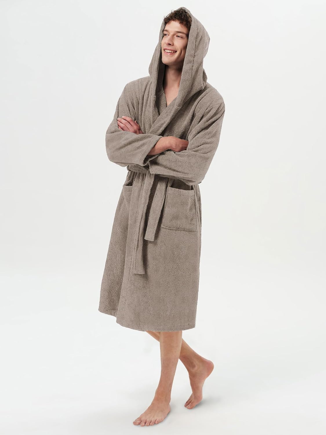 SIORO Mens Terry Bath Robe, Plush Hooded Cotton Cloth Knee-Length Robes for Spa, Shower, Soft Towel Bathrobes with Pockets - Image 3