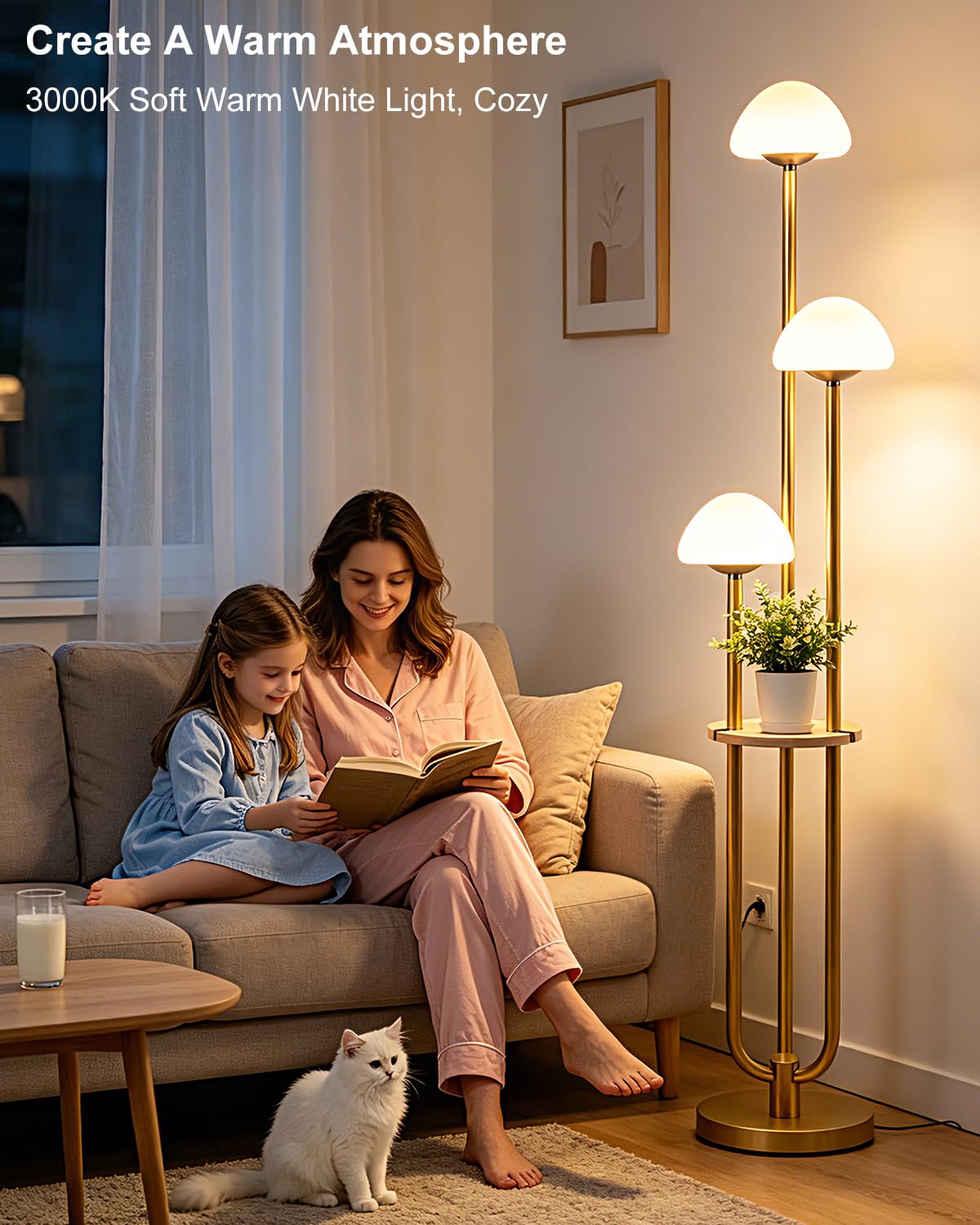 Gold Dimmbare Stehlampe mit Tisch, Moderne Stehlampen für Wohnzimmer, 3000K Warmweiß Hohe Stehleuchte mit Pilzschirmen & Glühbirnen für Schlafzimmer/Büro