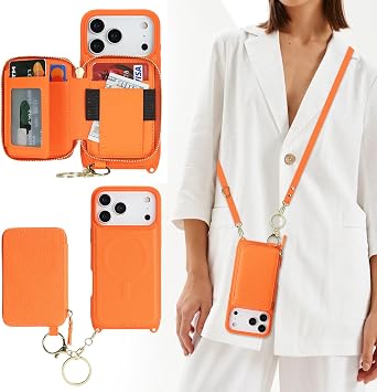 Cavor Compatible iPhone 17 Pro Max Case Wallet Type iPhone 17 Pro Max Case Shoulder MagSafe Case Strap Cross Body Shoulder Sling Neck Strap Crossbody 2-Piece Wallet Cover Left and Right Opening 2-in
