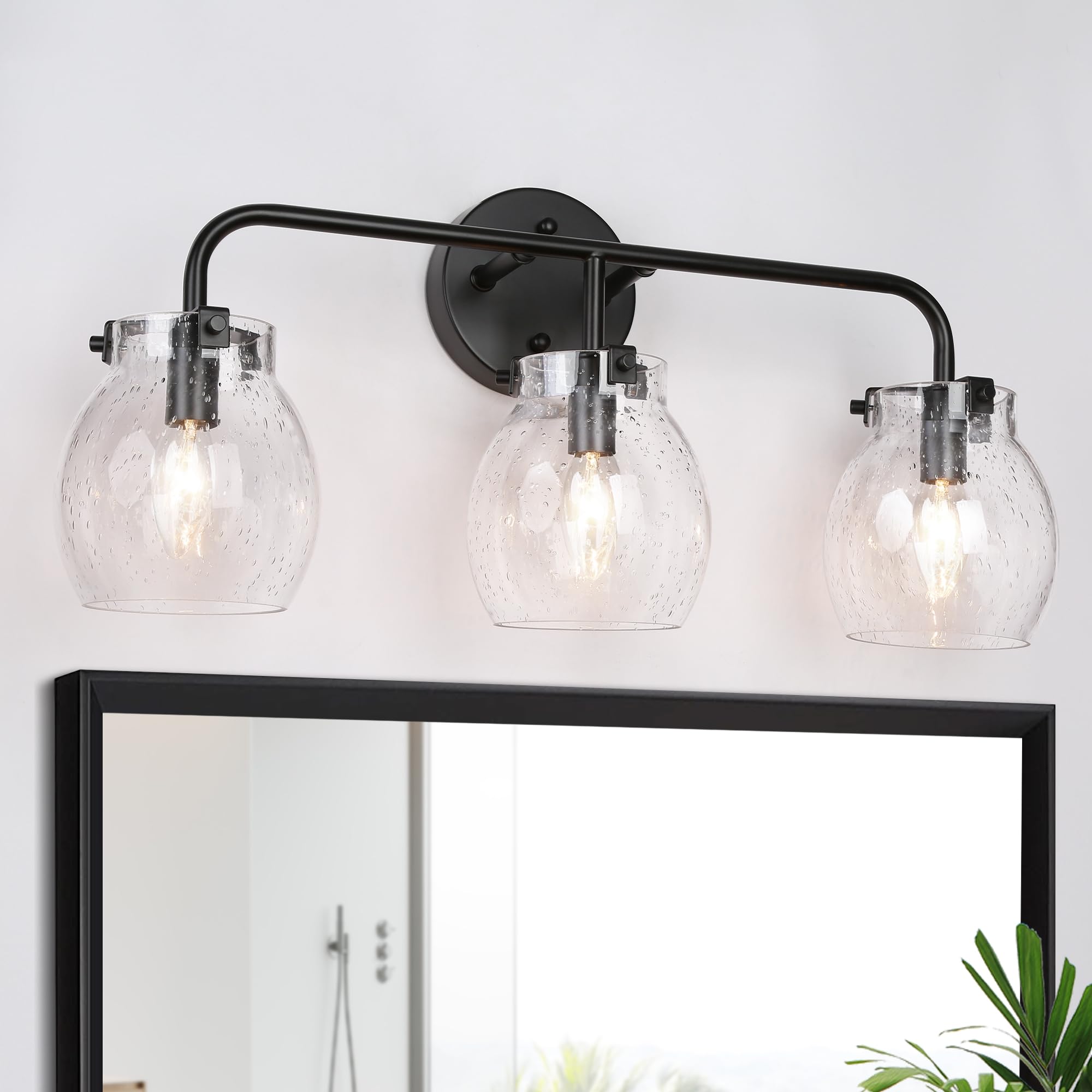 GEPOW Bathroom Wall Light Fixtures, 3-Light Black Vanity Light with Seeded Glass Shade, Modern Farmhouse Wall Lamp Over Mirror for Hallway, Bedroom,