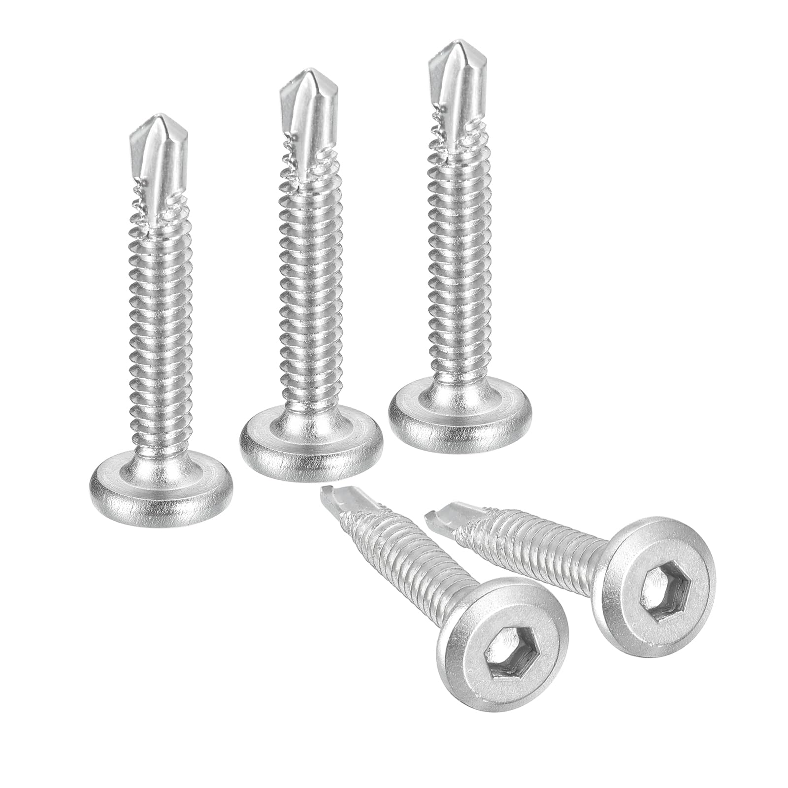 uxcell 50Pcs Hex Socket Self Tapping Screws, #10 x 1-3/8" 410 Stainless Steel Flat Head Sheet Metal Drilling Screw, Silver
