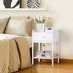 White Night Stands with Drawer, Narrow Bedside Side Tables Bedroom | Modern End Tables Living Room, Small Table, Open Storage Shelf, 2 AC Outlets & 3 USB Ports, Bedroom Furniture, Easy Assembly