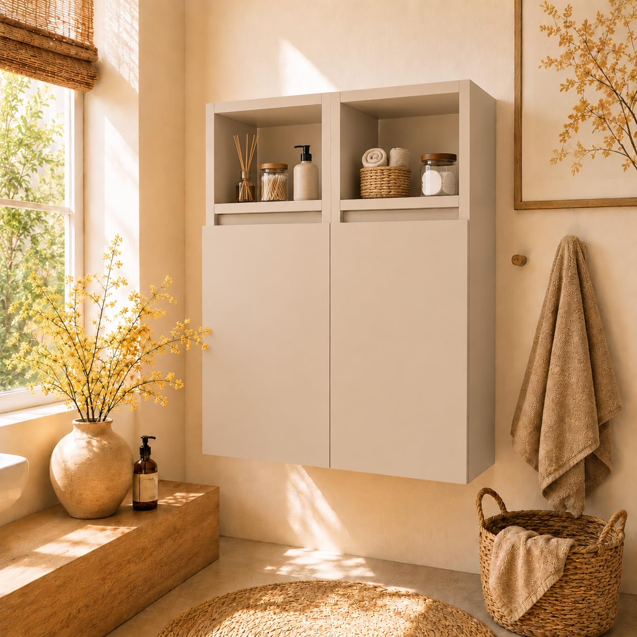 Hängeschrank Badezimmer, 75x56x25 cm, Kaschmirfarbe Matt, 6 Regale, Soft-Close-Türen, Anti-Fingerprint, Wandmontage