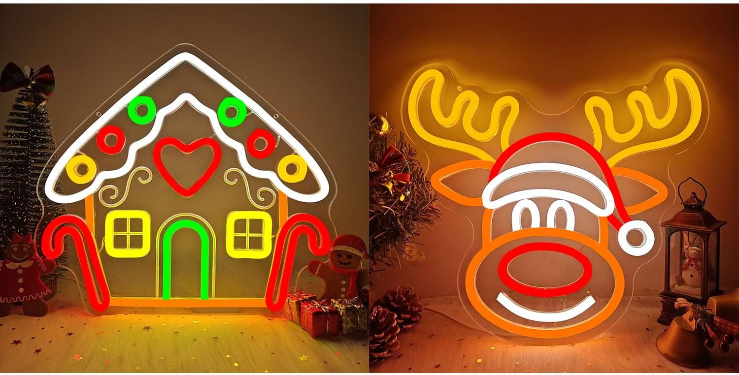 Gingerbread Houses Neon Sign Christmas Neon Sign Elk Neon Christmas Lights Lighted Gingerbread House Christmas Deer Led Sign Dimmable Christmas Reindeer Neon Window Lights Decorations