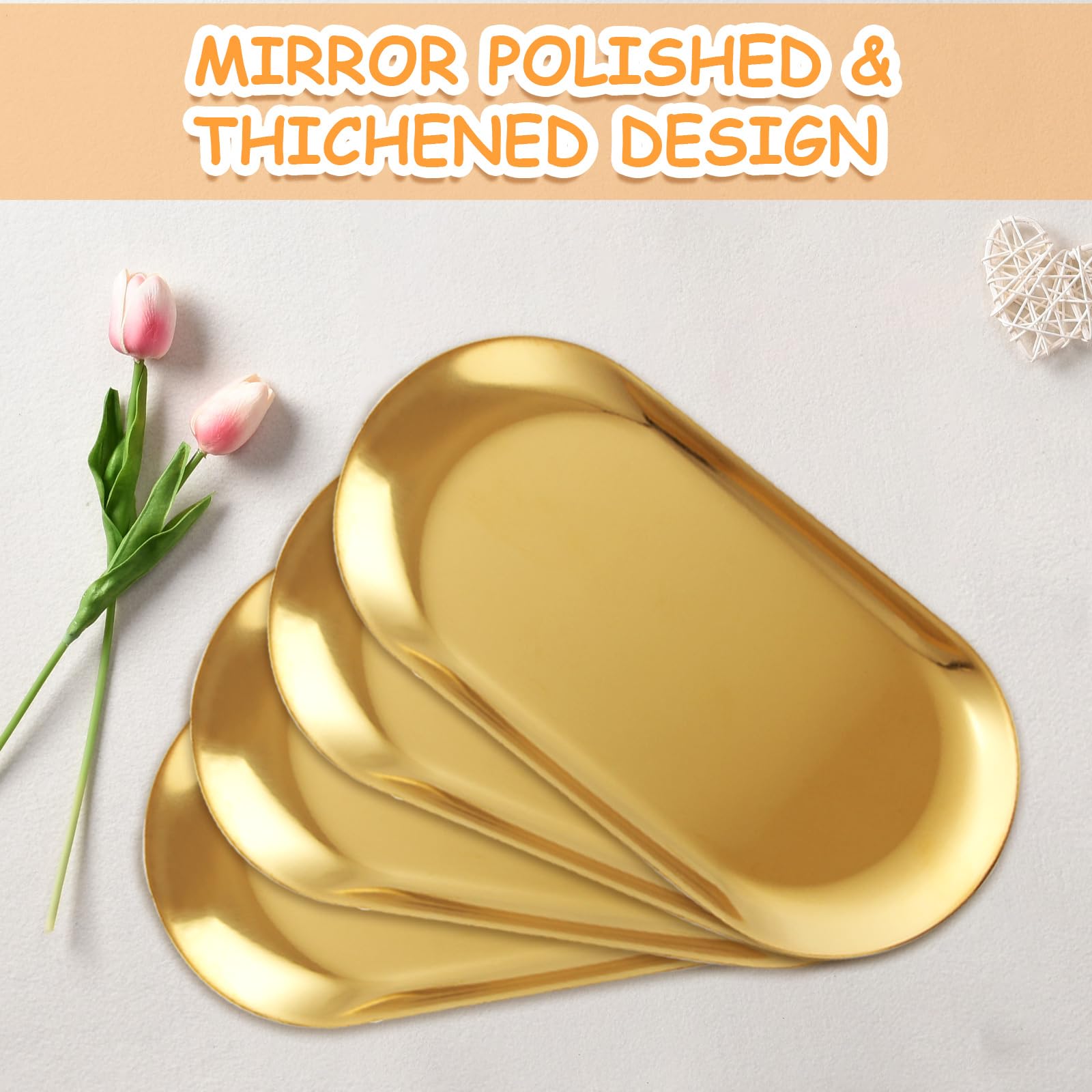 AKOLAFE Set di 10 vassoi da portata in acciaio inox dorati per servire cibo, vassoi in metallo extra piccoli, decorativi, piatti ovali lunghi 17,8 cm, piatti da portata ispessiti per feste, buffet