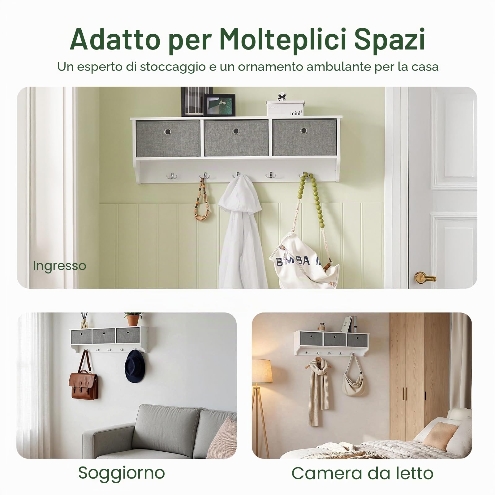SoBuy Appendiabiti da Parete Portachiavi da Muro Ingresso Appendini da Muro con 5 Ganci Appendiabiti e 3 Cestini in Tessuto Pieghevole, Mobile Ingresso Appendiabiti Bianco, 100x20x31cm, FRG282-W