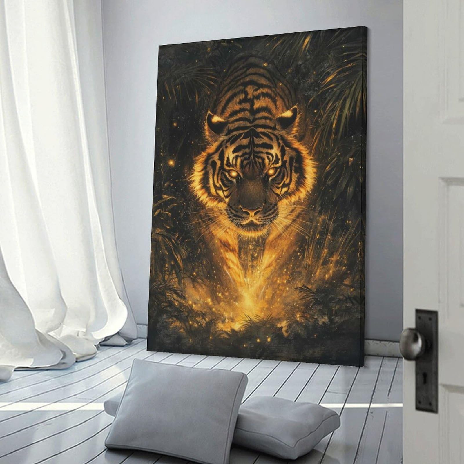 Junmoney Frame-Style-3 Canvas Wall Art Fiery Tiger, 20X30inch(50X75cm), For Bedroom, Lounge Or Dressing Area, Canvas Wall Decor For Personal Spaces
