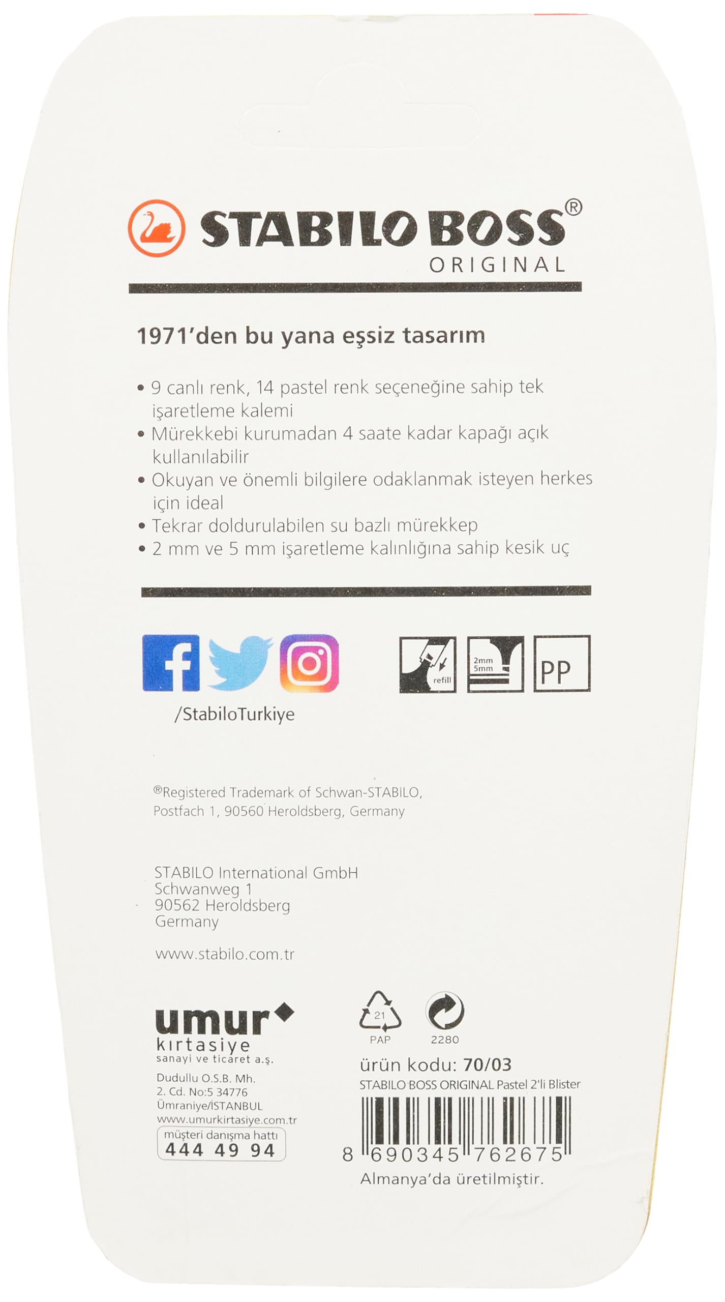 STABILO BOSS ORIGINAL Pastel 2'li Blister 3lü paket