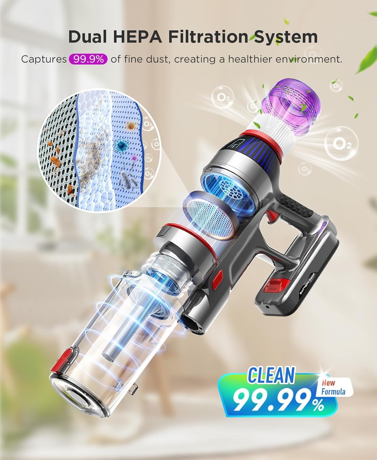 Cordless Stick Vacuum Cleaner: 550W Powerful Suction, LED Display, 55 Min Runtime, Anti-Tangle Brush, Rechargeable Battery, Lightweight for Home, Pet Hair, Hard Floors, Carpet — view 5