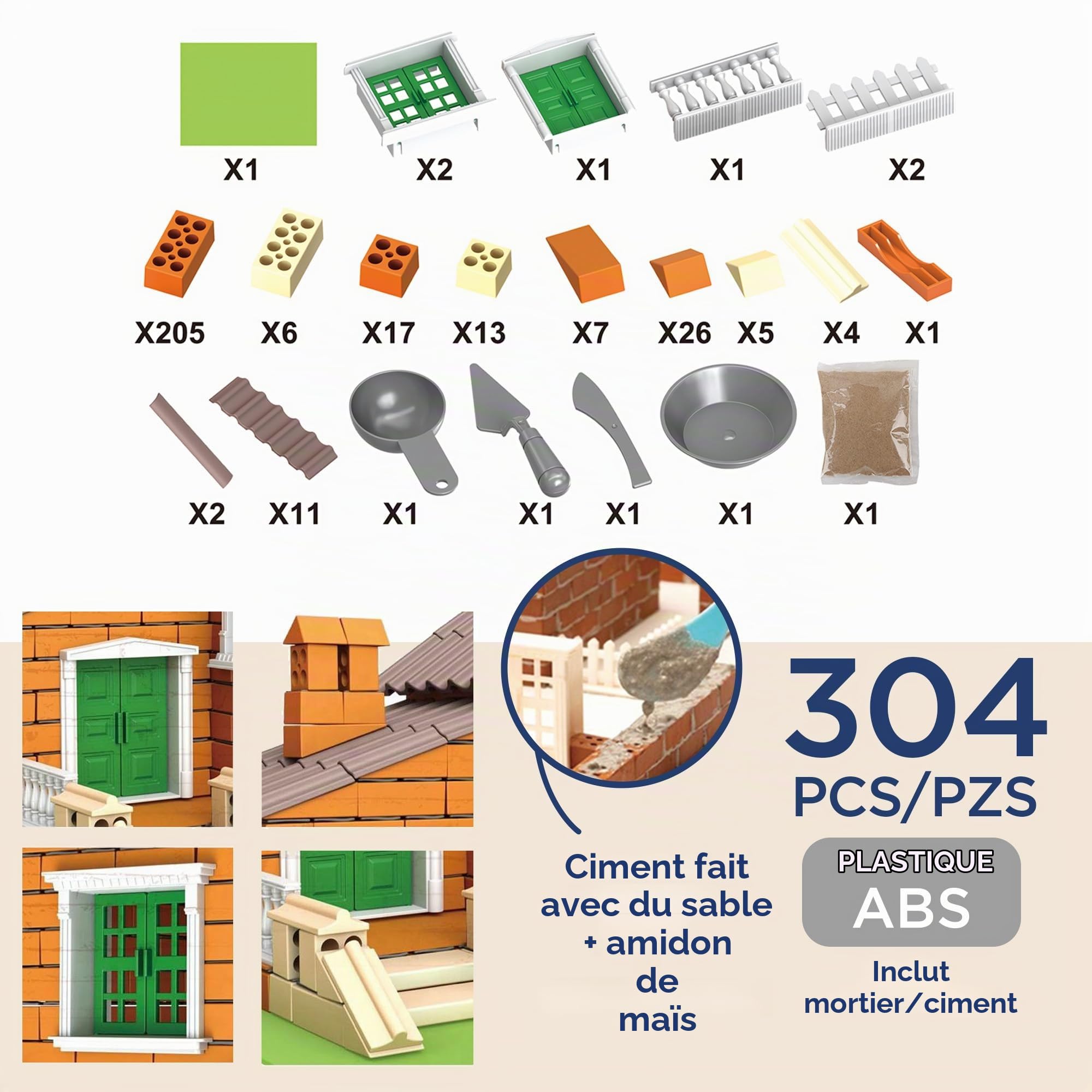 Jeu de Construction de Maison en Briques | 304 Pièces en Plastique ABS Sûr pour les Enfants | Améliore les Compétences Précoces et le Développement de l'Intelligence | Matériau Recyclable