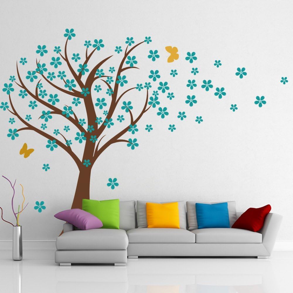 Cherry Blossom Wall Decals Baby Nursery Tree Decals Kids Flower Floral Nature Wall Decor Wall Art- Cherry Blossom Tree 1(tree trunk:Brown;flowers:Teal;butterflies:Light Yellow)