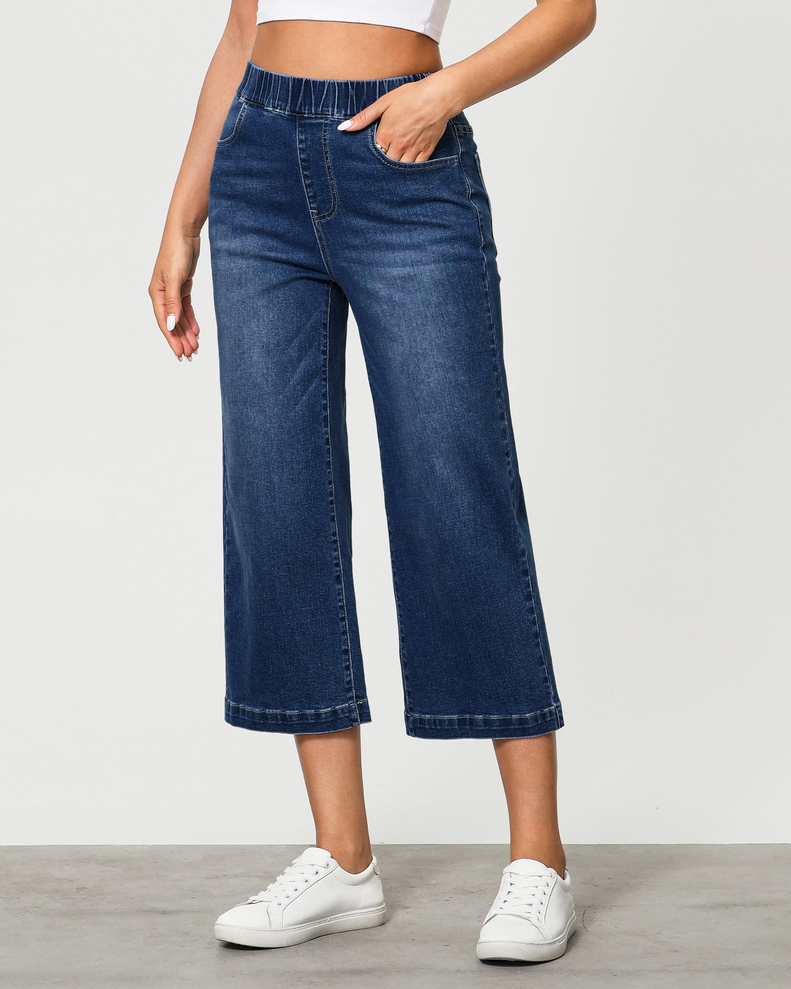 Vetinee Damen Jeans Weites Bein Baggy Hosen mit Gummizug High Waist Stretch Capri Jeans