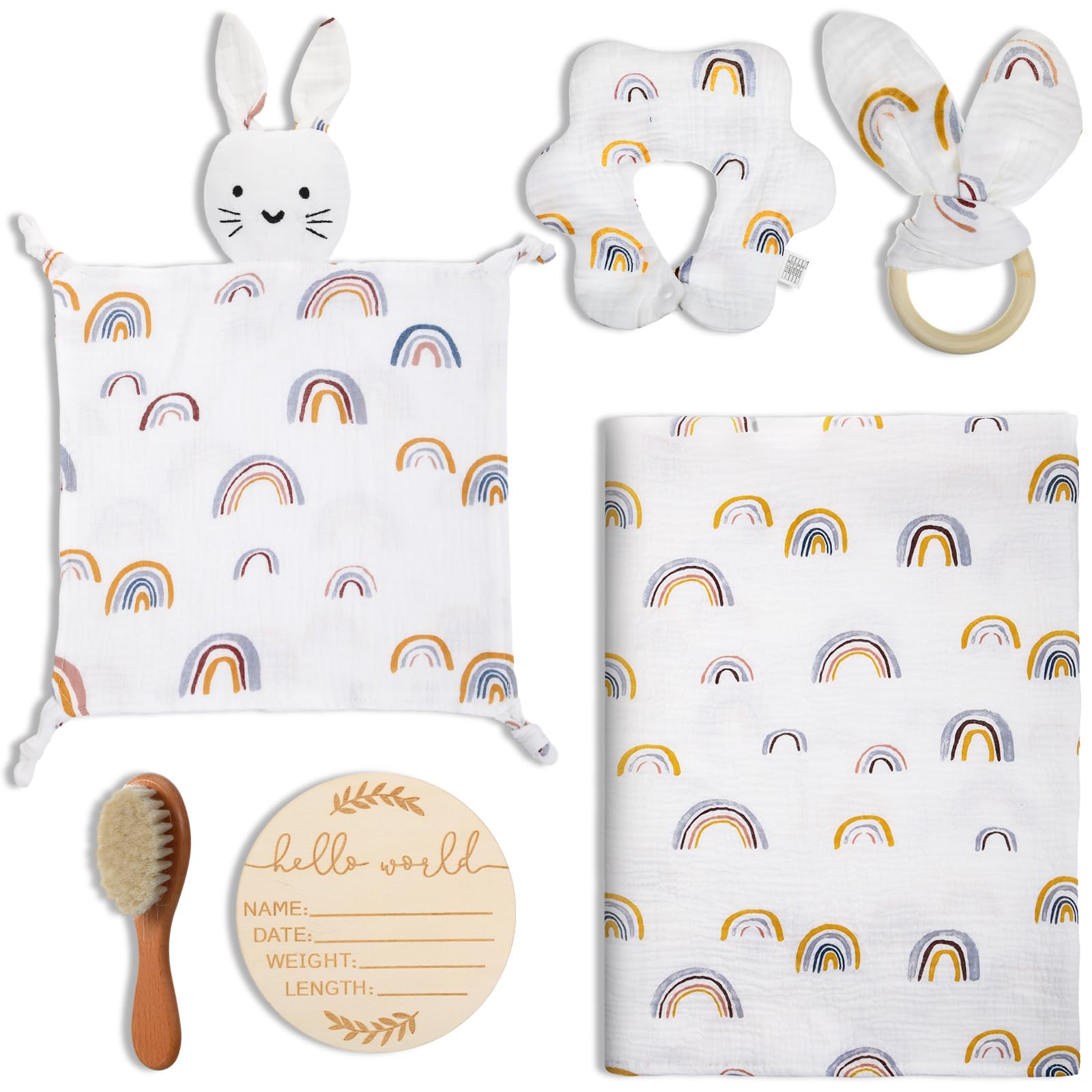 SmoothNovelty 6 Pcs Newborn Baby Gift Set Unisex Muslin Swaddle Blanket Baby Bandana Bib Drool Baby Teether Baby Comforter Birth Announcement Sign Bath Brush for Baby Boys Girls, Rainbow Pattern