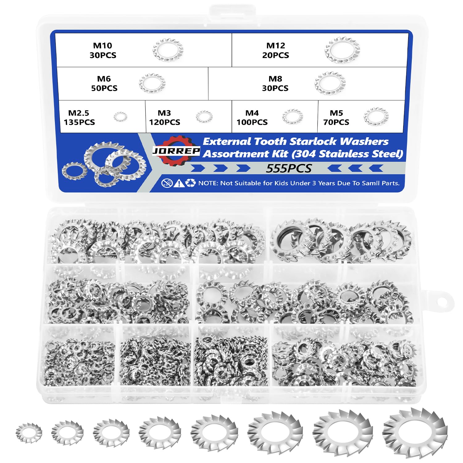 555Pcs External Tooth Lock Washers Assortment Kit, 304 Stainless Steel Metric External Tooth Star Lock Washer - M2.5 M3 M4 M5 M6 M8 M10 M12 for Retaining Clips Fasteners