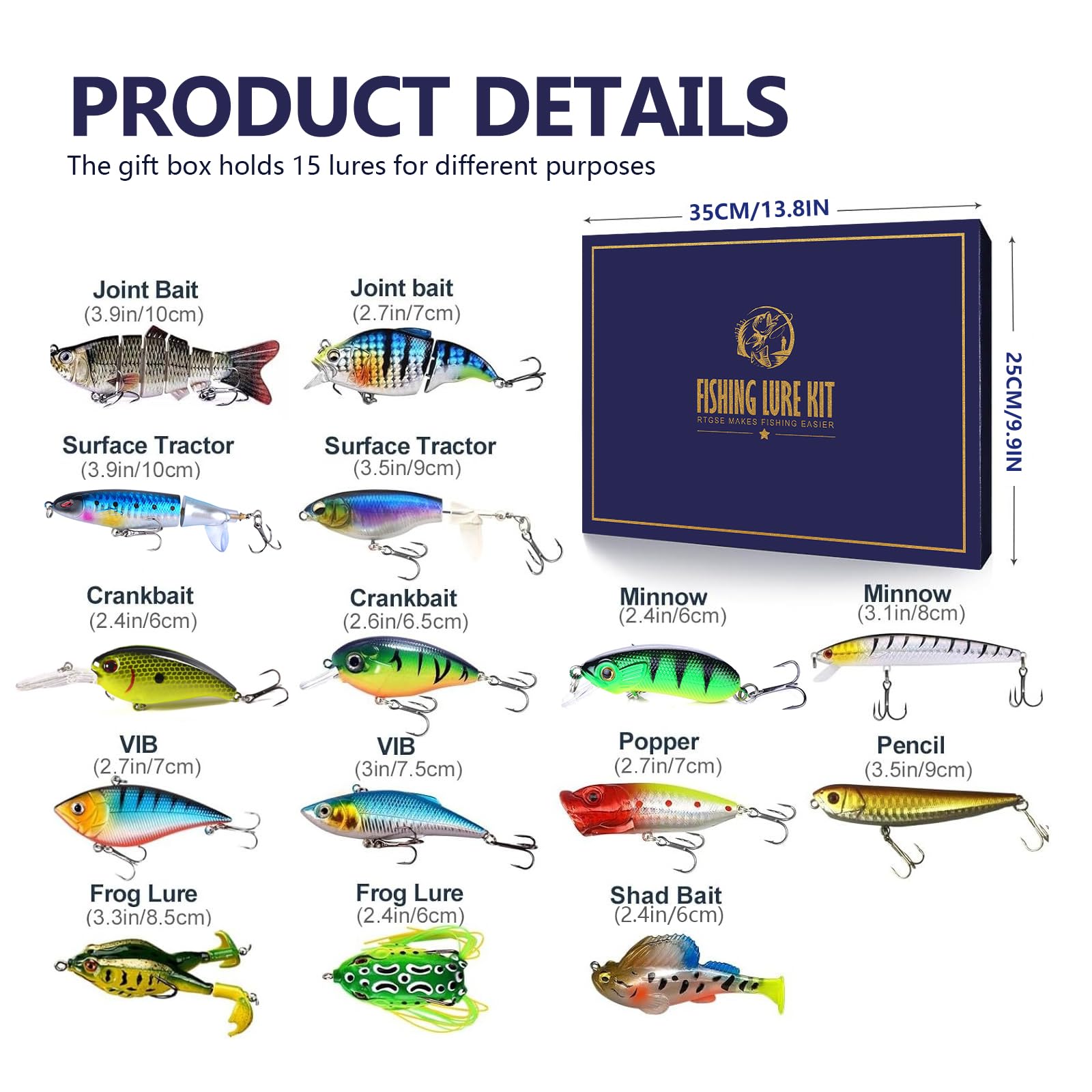 Angel-Geschenk für Männer, 15-teiliges Angelköder-Set für Barsch, Forelle, Hecht, Lachs, Angelköder, Geschenk-Set mit Premium-Geschenk-Box, Süß- und Salzwasser-Angelausrüstung, Geschenke für Männer