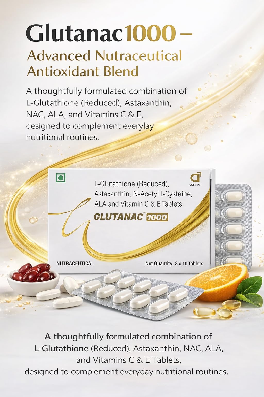 astaxanthin and glutathione combination Glutanac 1000 Nutraceutical Tablets with L-Glutathione (Reduced),  Astaxanthin, N-Acetyl L-Cysteine, Vitamin C & E – 3 x 10 (30Tablets) :  Amazon.in: Health & Personal Care