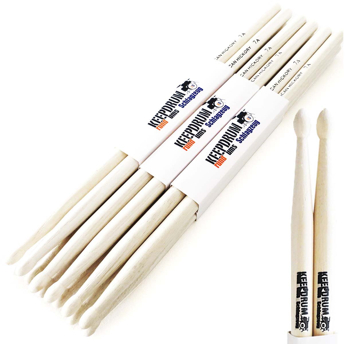 keepdrum 7A Hickory - Baquetas para batería (6 pares)