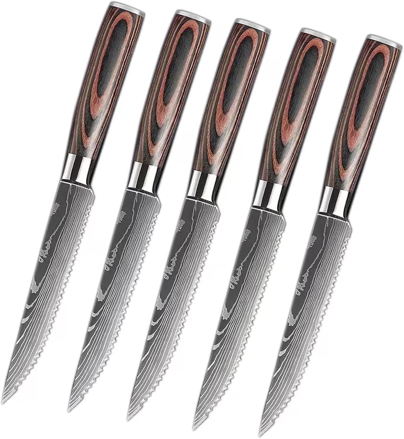 Steak Knives Set Of 8, 5 Inch Serrated Damascus Steak Knife Set,Forged German Steel Full Tang Handle Straight Edge Dinner Knives,Razor-Sharp