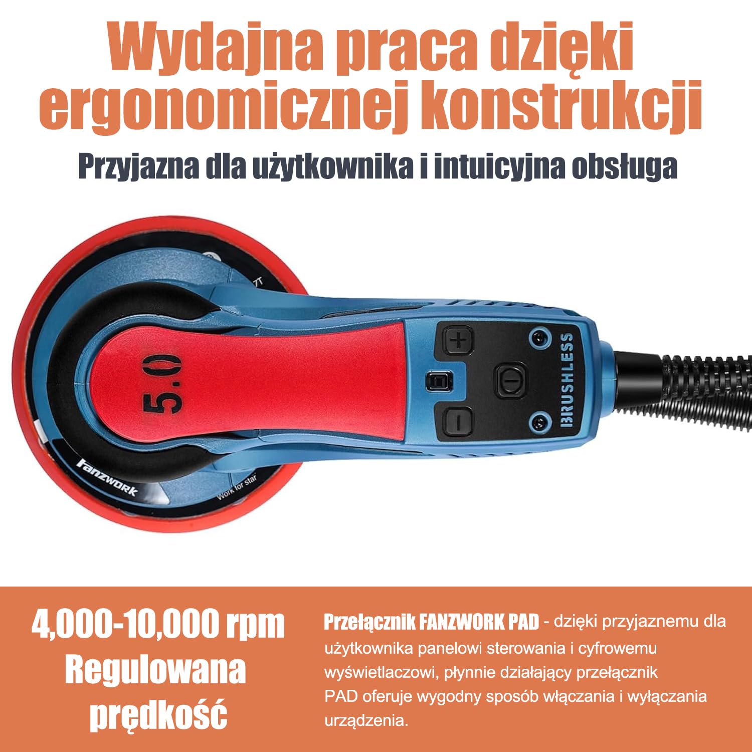 Fanzwork Szlifierka mimośrodowa 5 mm 125/150 mm Bezszczotkowy Silnik EC 350 W 7 Prędkości 10 000 obr./min z Walizką