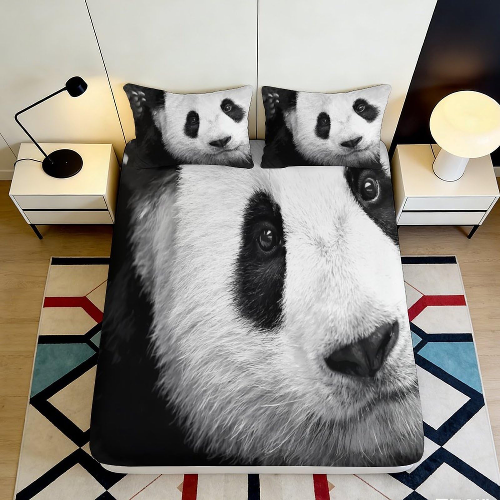 3D Printed Panda Fitted Sheet Microfiber Soft Breathable Black White Bed Cover with Animal Design Mattress Cover for Bedroom Dormitory Guest Room 160x200x25cm