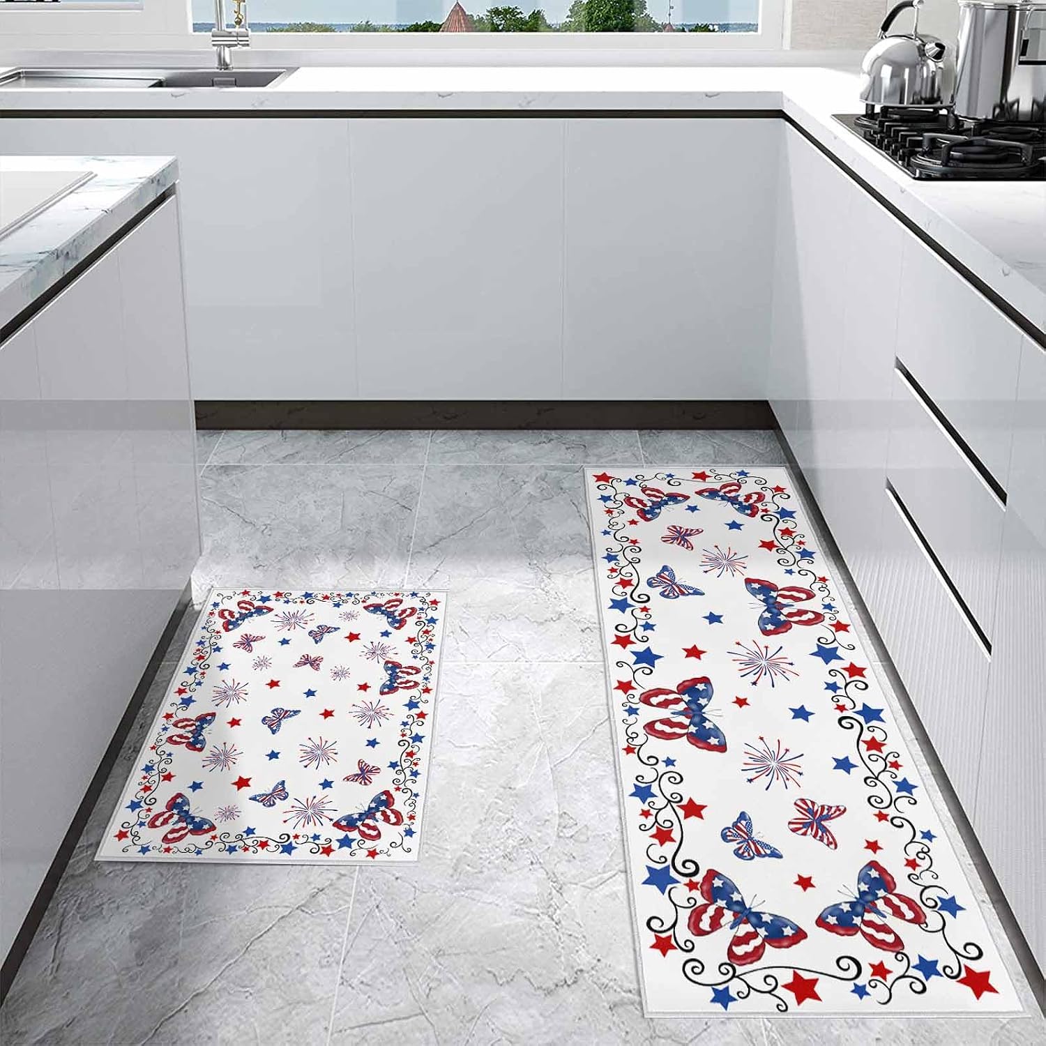 Kitchen Mats for Floor Independence Day Butterfly Flag Washable Non Slip Kitchen Rugs 2PCS, Freedom Celebration Star Stripe Absorbent Standing Mats for Sink Bathroom Office 15.7x23.6in+15.7x47.2in