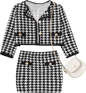 Toddler Girl's 2 Piece Houndstooth Print Button Front Jacket and Mini Skirt Outfits Set