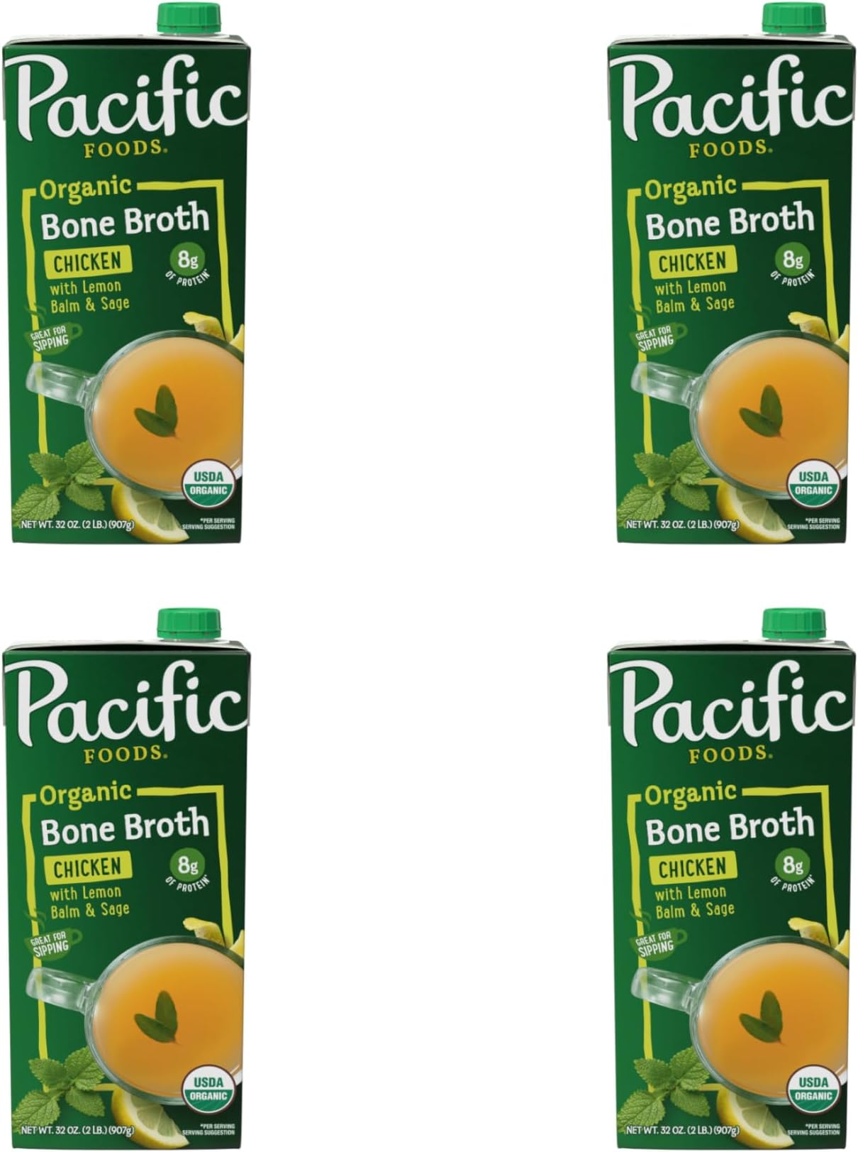 Pacific Foods Organic Chicken Bone Broth with Lemon Balm and Sage, 32 OZ Carton (Pack of 4)