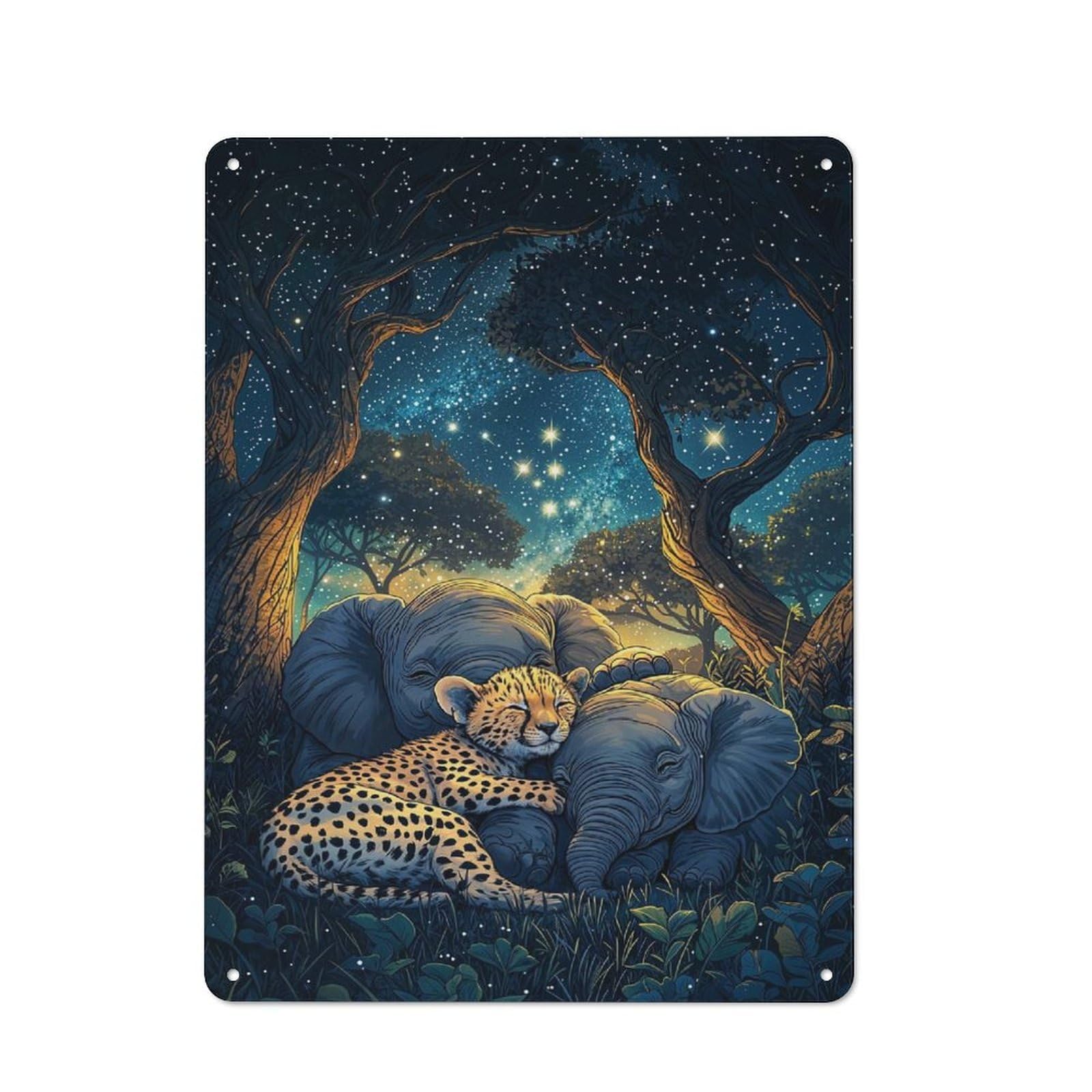 Junmoney Style-2 Vintage Vintage Metal Sign 40X30cm Featuring Cheetah And Elephants Under Stars, Restaurant Wall Art For Takeaway, Bar, Kitchen Or Counter Area
