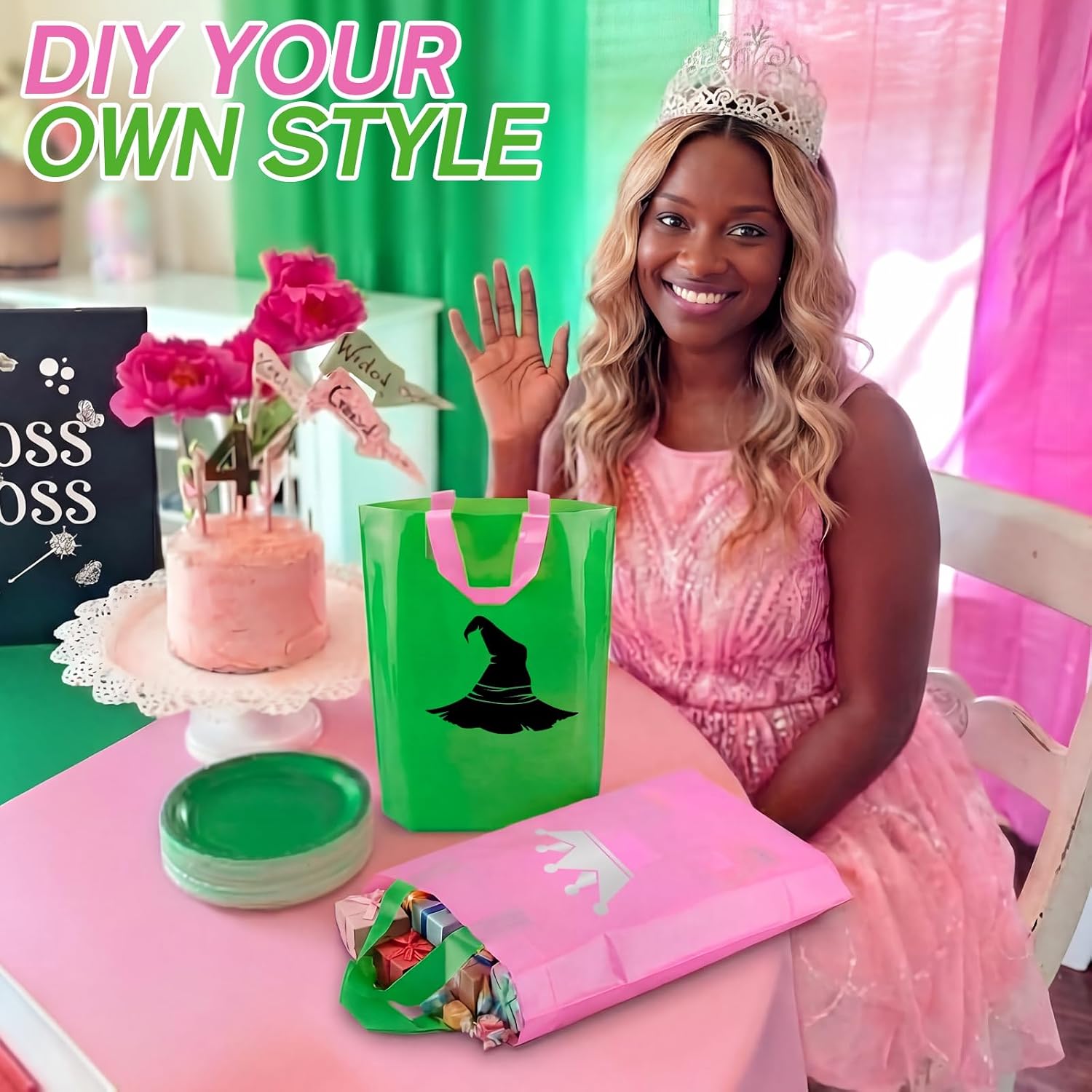 Motiskyy 50 Pcs Pink and Green Gift Bags with Handles 12 x 15 Inch image 4