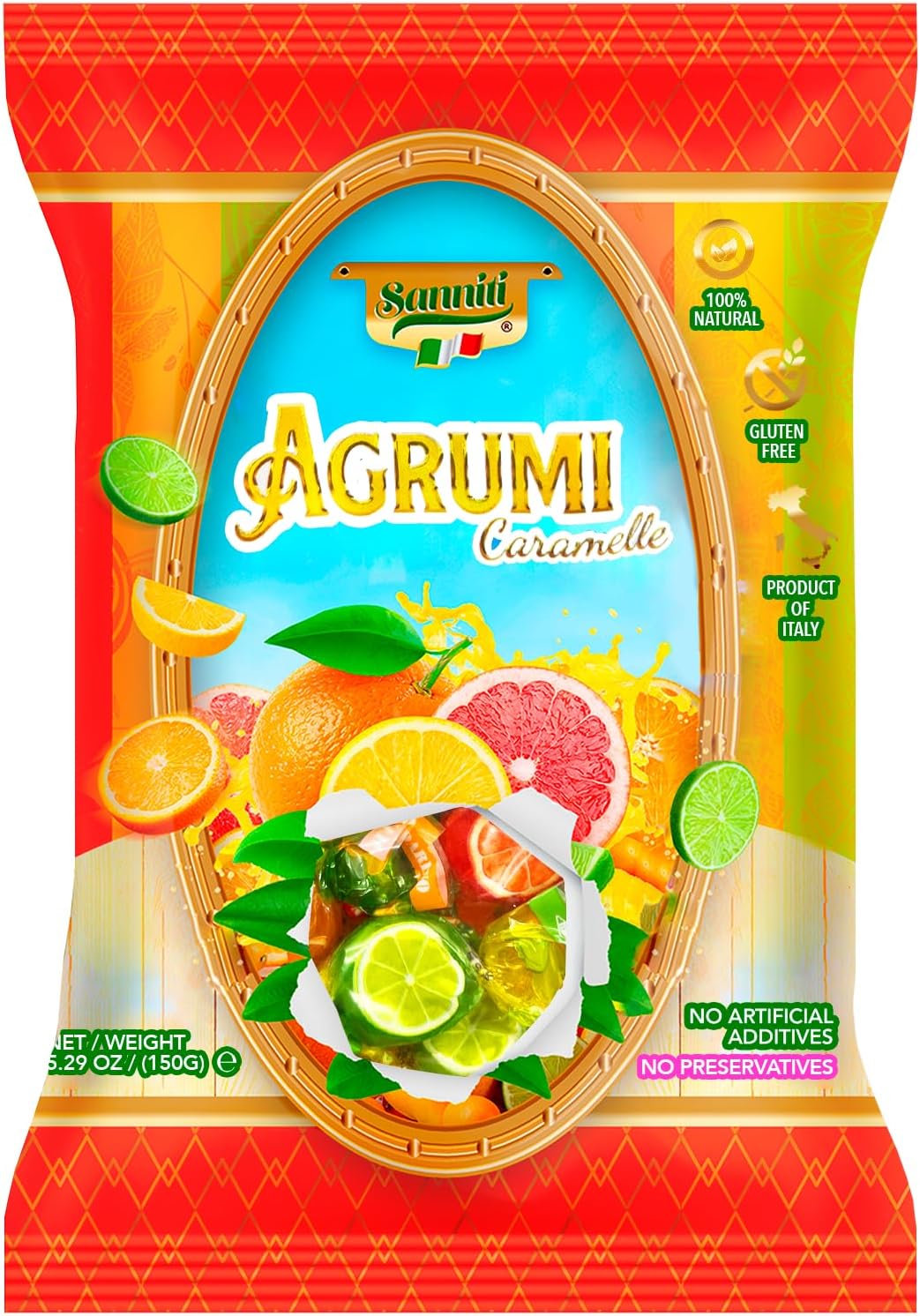 Italian Hard Candy Caramelle | Gluten Free, No Preservatives | Product of Italy, 5.29 oz Bag (150 Grams, Agrumi)