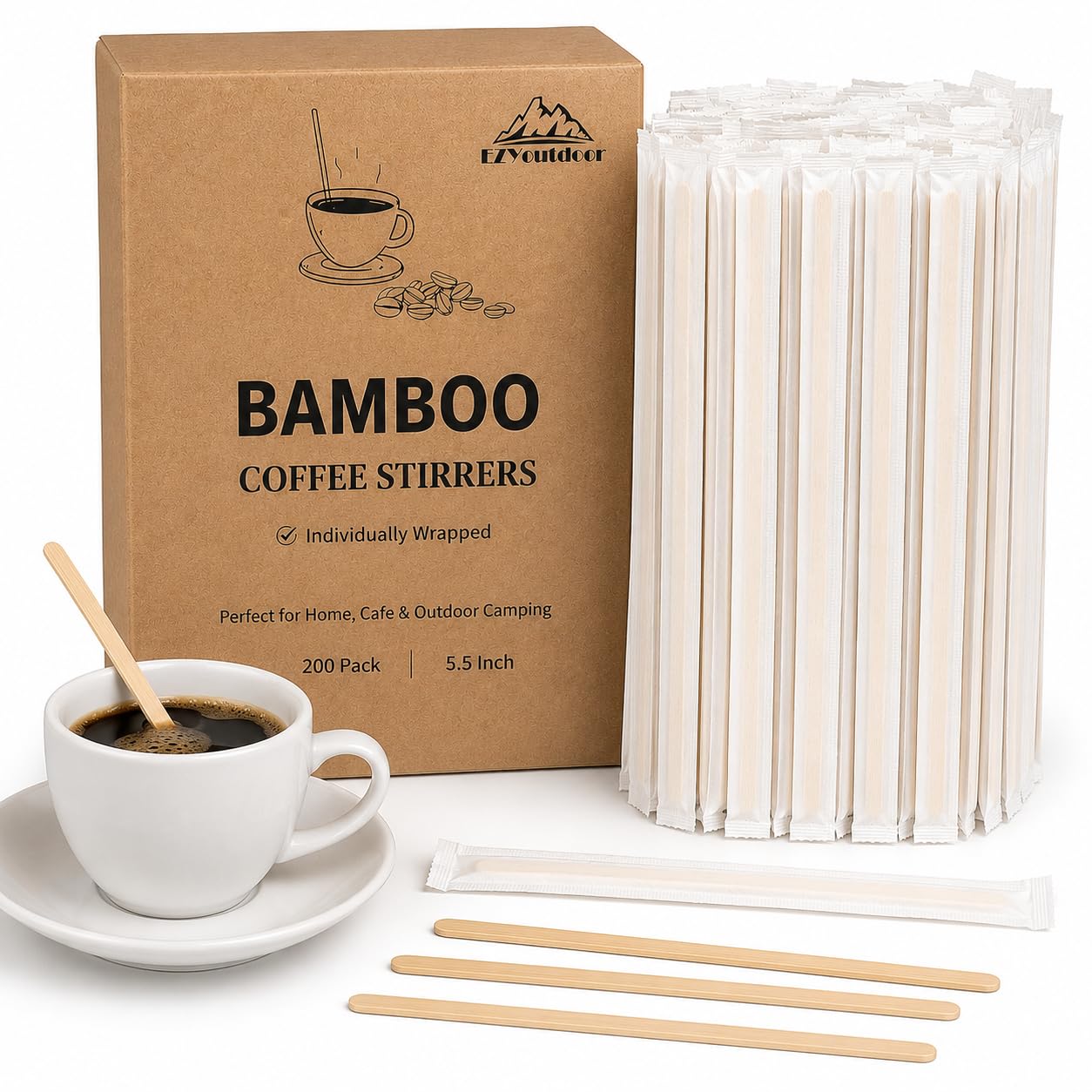 EZYoutdoor 5.5 Inch Individually Wrapped Coffee Stir Sticks, 200 Pack