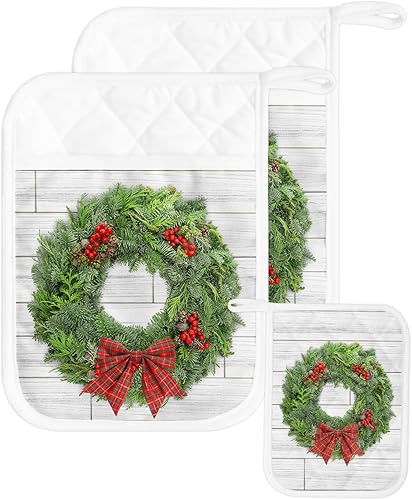 Christmas Wreath,2Pcs Pot Holders for Kitchen,Non Slip & Heat Insulation Terry Cloth Potholder Set with Pocket,Thick Hot Pad Oven Mitts Trivet