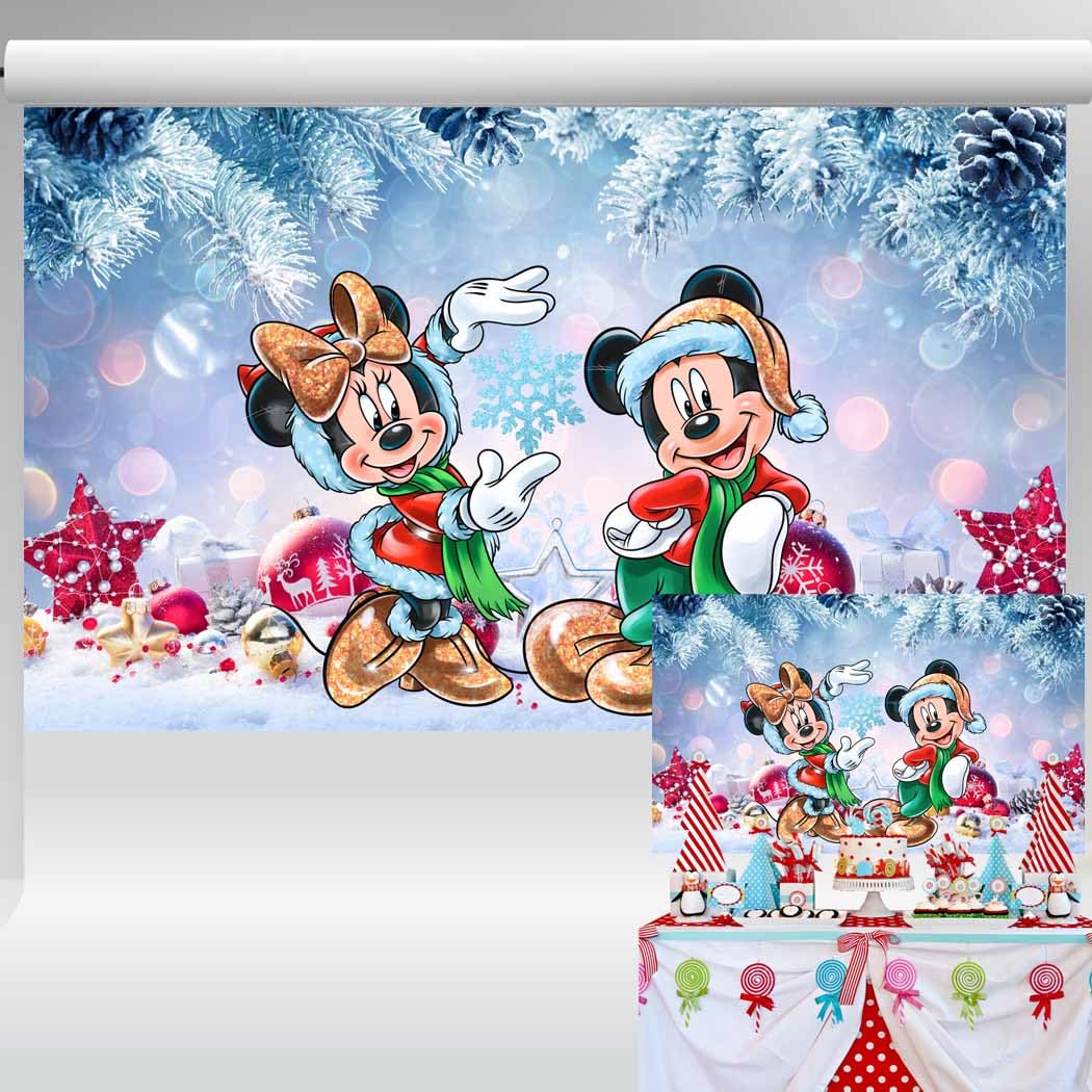 Gold and Red Mickey Minnie Backdrop Winter Snowy Fir Background Christmas Theme Blue Banner Birthday Party Baby Shower Decorations 5x3 ft 143
