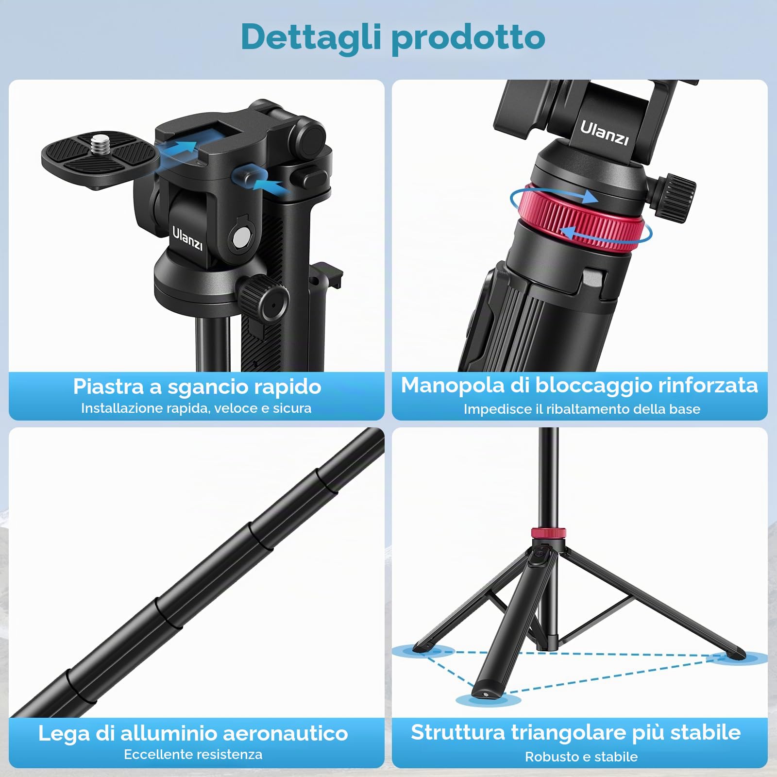 ULANZI MT-78 Treppiede Estensibile 1.8m per telefono e Fotocamera con Bastone per Selfie, con Clip per Telefono, Testa a Sfera a 360° con Slitta a Freddo per iPhone Sony Canon, leggero per i viaggi