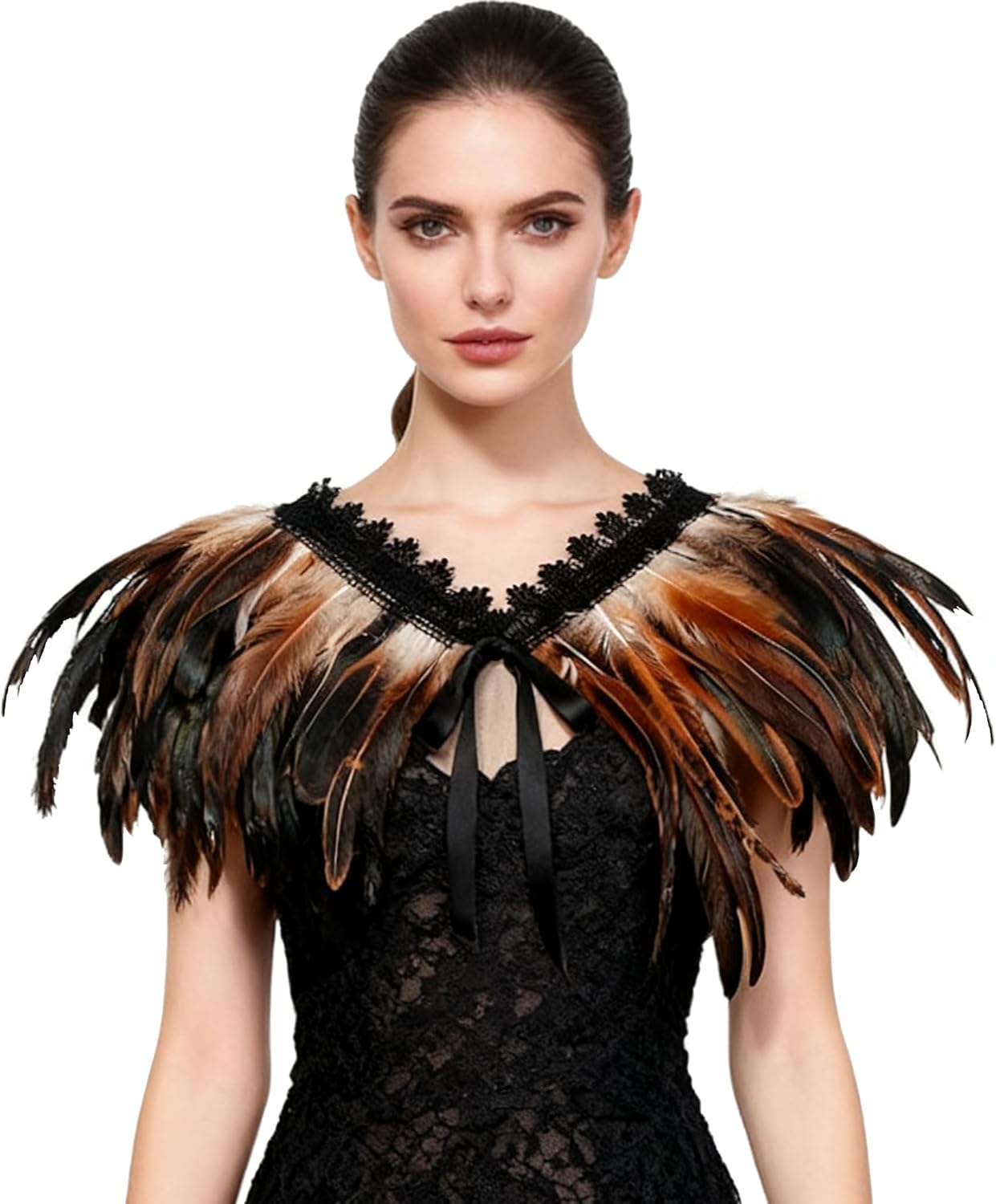 L'VOW Women's Real Nature Feather Shrug Cape Lace Shawl Collar Witch Cosplay Costumes for Halloween Carnival