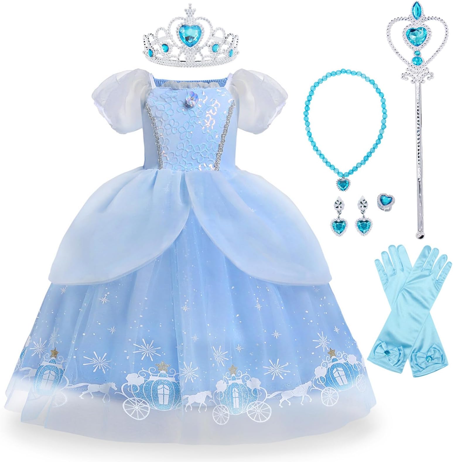 AmzBarley Little Girls Cinderella Dress Princess Puffy Sleeve Costume Halloween Birthday Cosplay Party Tulle Dress Up with Accessories Set 3-4 Years Blue