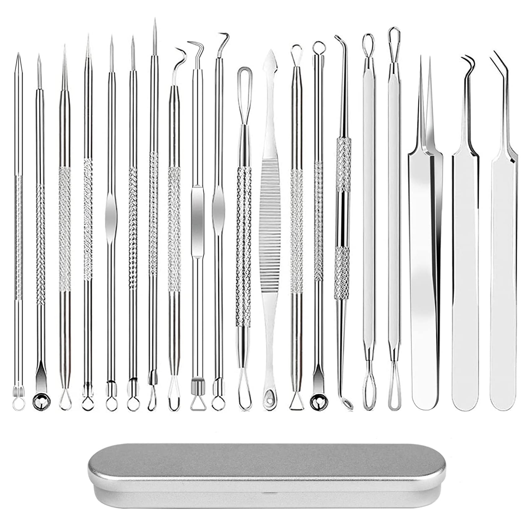 20 Pcs Blackhead Remover Tools, Pimple Popper Tool Kit with Cotton Pad, Pimple Comedone Extractor, Professional Stainless Acne Blackhead Removal Tool with Metal Case (Silver)