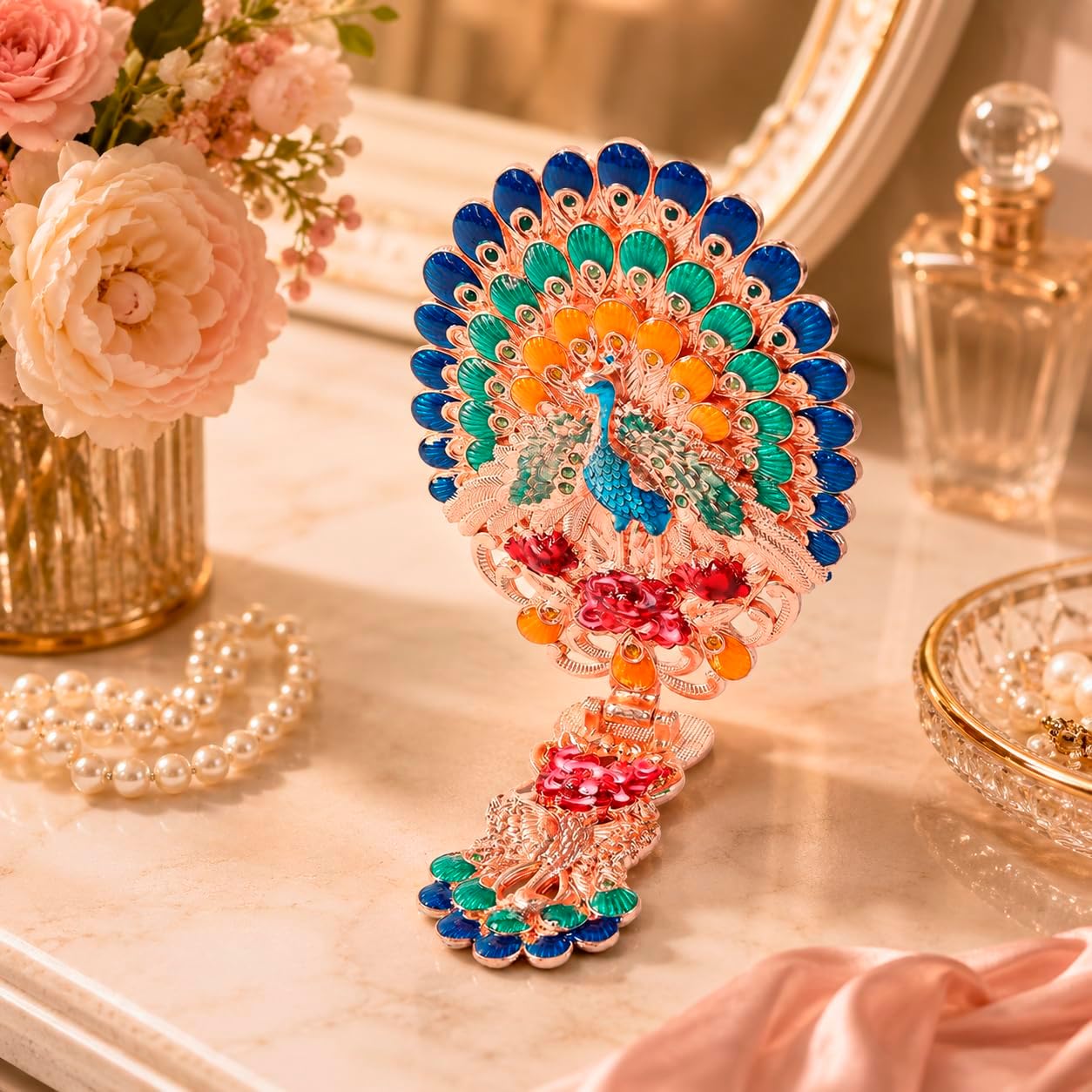 Nerien Vintage Hand Mirror, Vanity Makeup Mirror, Travel Foldable Peacock Antique Handheld Mirror, Portable Adjustable Embossed Handle Mirror, Decorative Oval Metal Beauty Cosmetic Mirror, Rose Gold