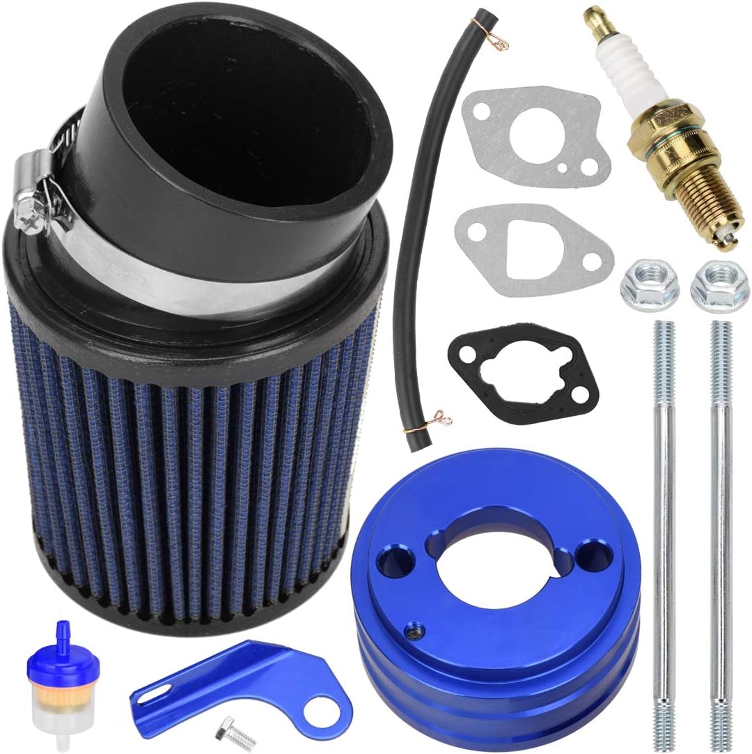 FVRITOPerformance Upgraded Air Filter adapter Intake Spark Plug Kit for Predator 212cc 6.5Hp CT200U BT200X CT200U-EX Hammerhead 80T MudHead 606 scorpion RB200 MB200-1 mid XRX/R Mini Bike Go Kart Blue