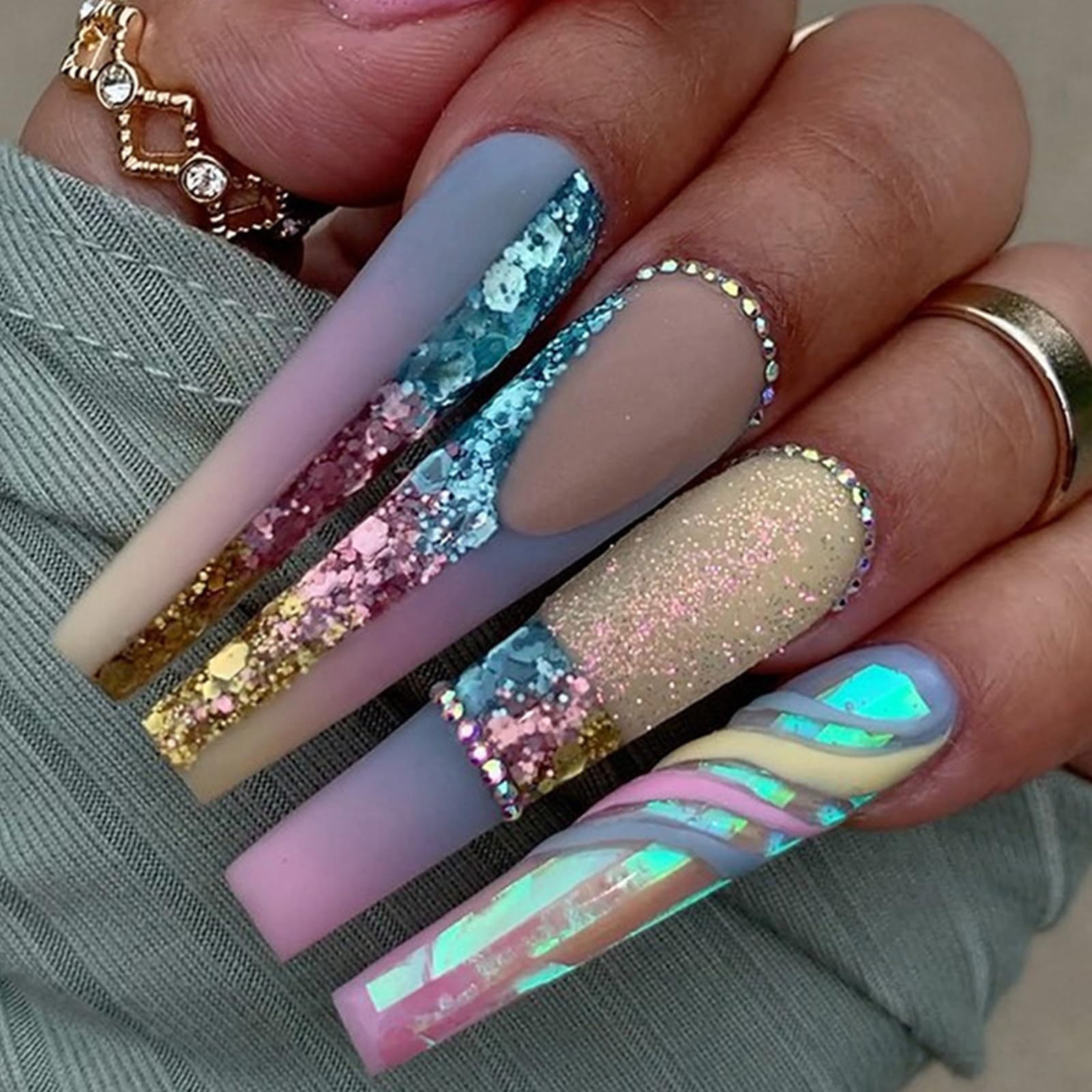 FOLONRAL French Tip Press on Nails Long Coffin Fake Nails with Glitter & Rhinestone Designs Acrylic Nails Press ons Glossy Glue on Nails Full Cover